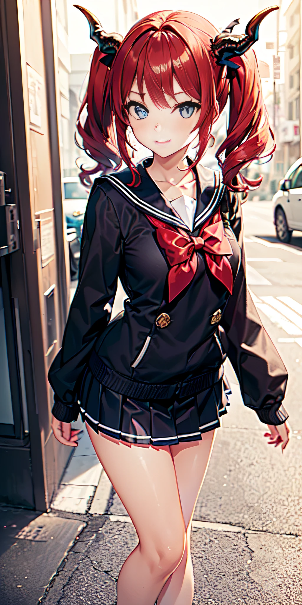 ((Red hair, blue eyes, twin tails, Sailor suit, black coat, dragon horns, very short pleated skirt, 1 woman only, 18yr old)), Cute, bow, image taken with canon eos professional camera 50mm lens