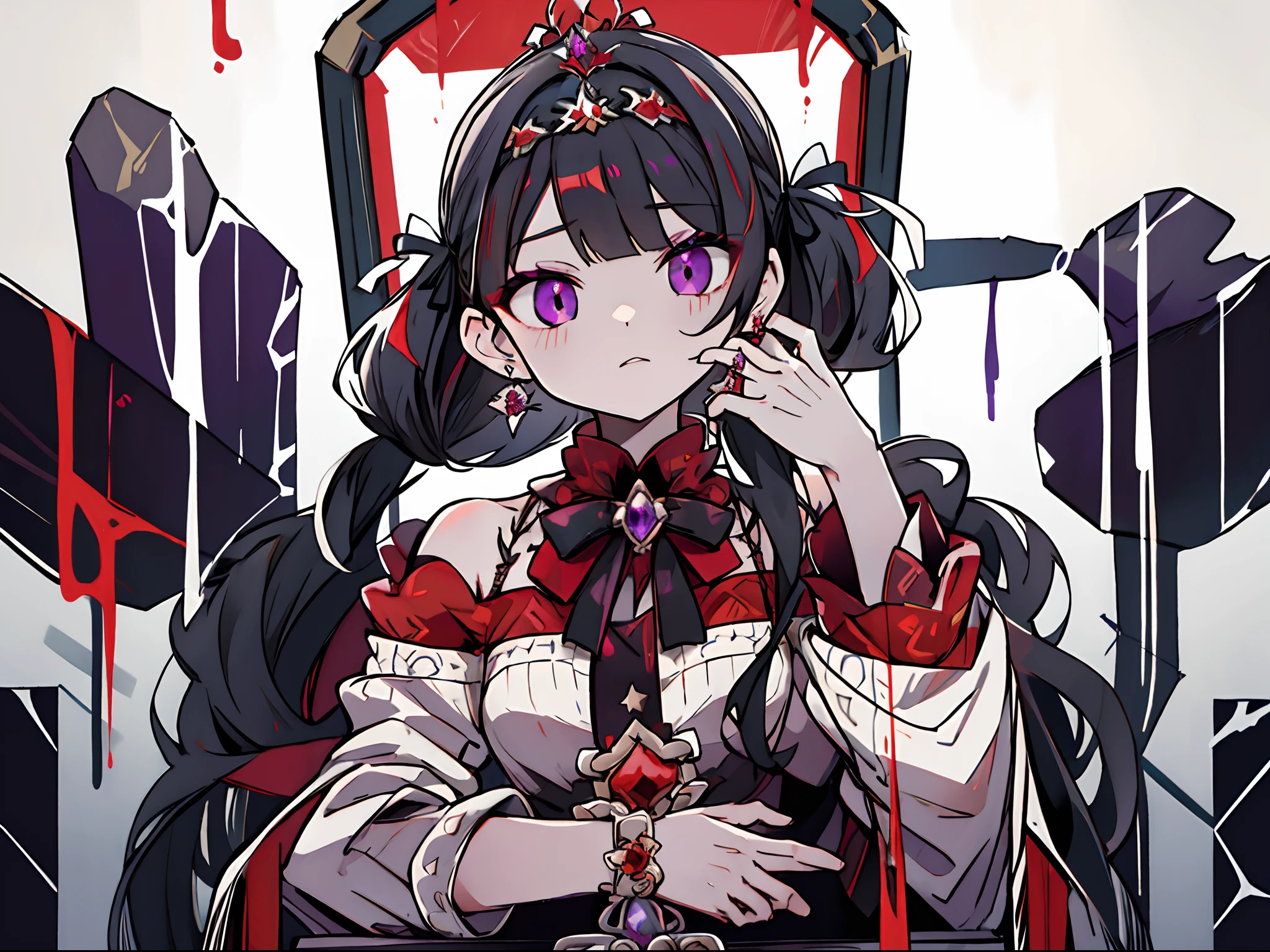 king, Looking at Viewer, Holding, Jewelry, earrings, Bracelet, diadems, a throne, deadpan,​masterpiece, top-quality, Hi-Res, hmsalome, Drill Hair, partedbangs, Black Hair Band, bow ribbon, a purple eye,, tattooed, Red dress, long-sleeve, bare shoulders​, Black Gloves, cowboy  shot,