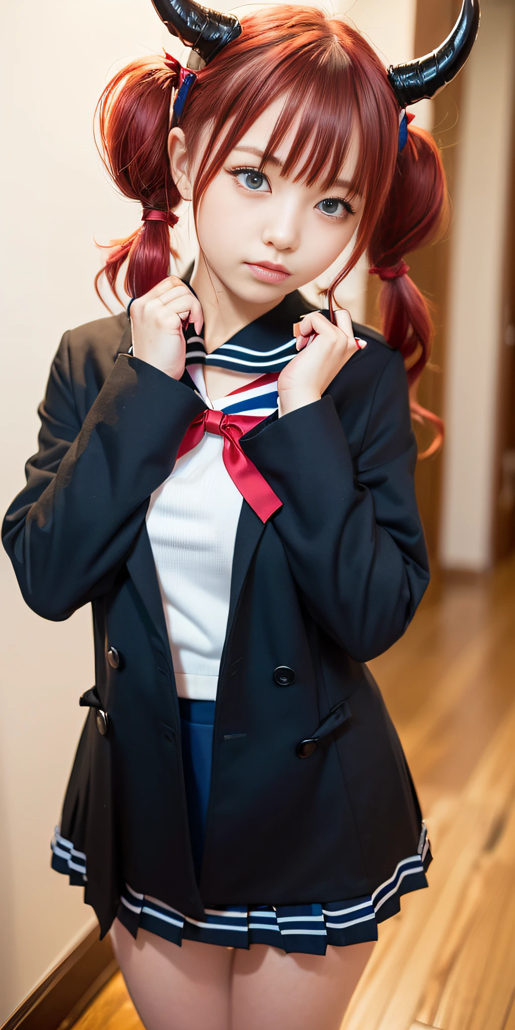 ((Red hair, blue eyes, twin tails, Sailor suit, black coat, dragon horns, very short pleated skirt, 1 woman only, 18yr old)), Cute, bow, image taken with canon eos professional camera 50mm lens