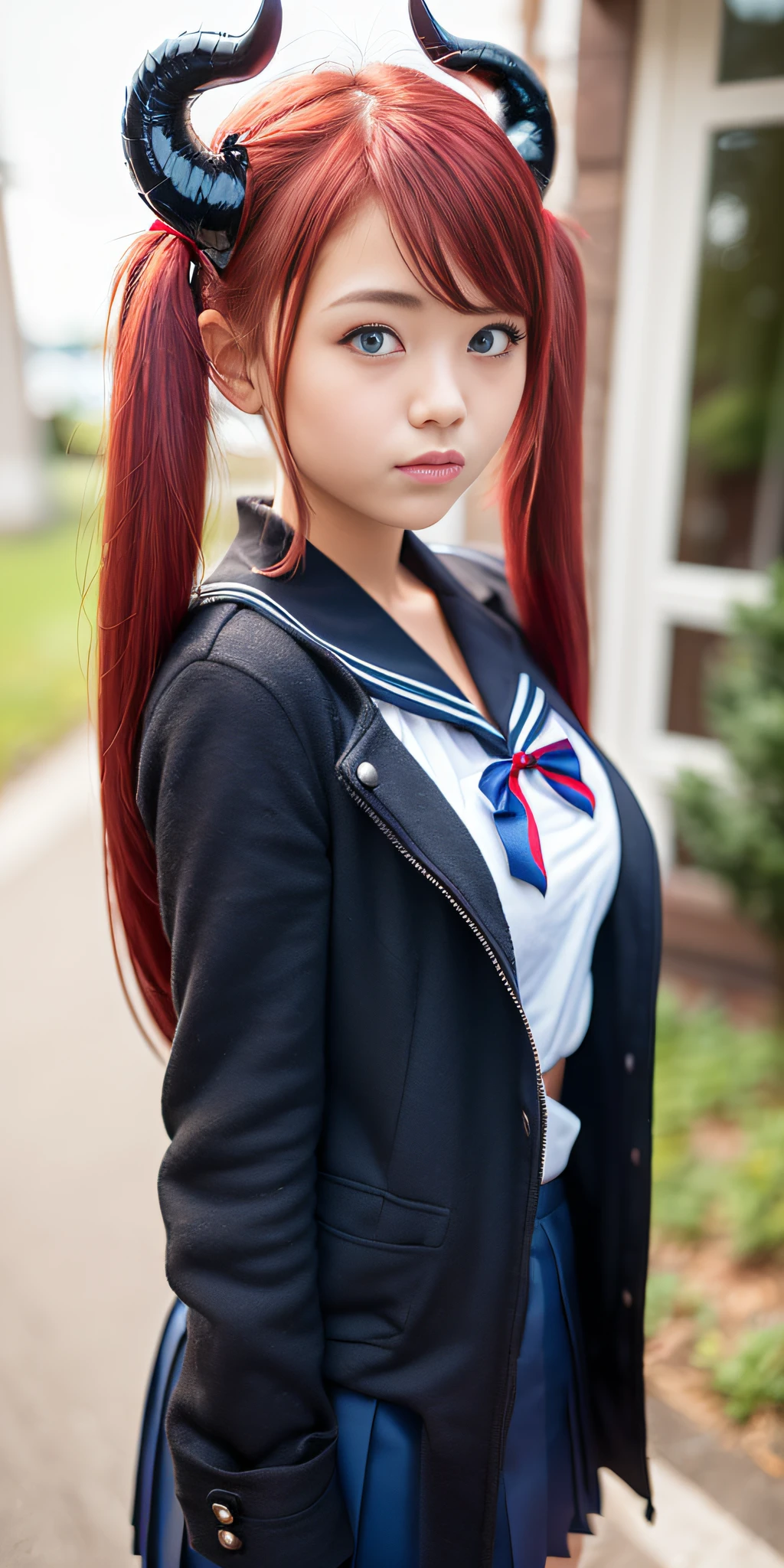 ((Red hair, blue eyes, twin tails, Sailor suit, black coat, dragon horns, very short pleated skirt, 1 woman only, 18yr old)), Cute, bow, image taken with canon eos professional camera 50mm lens