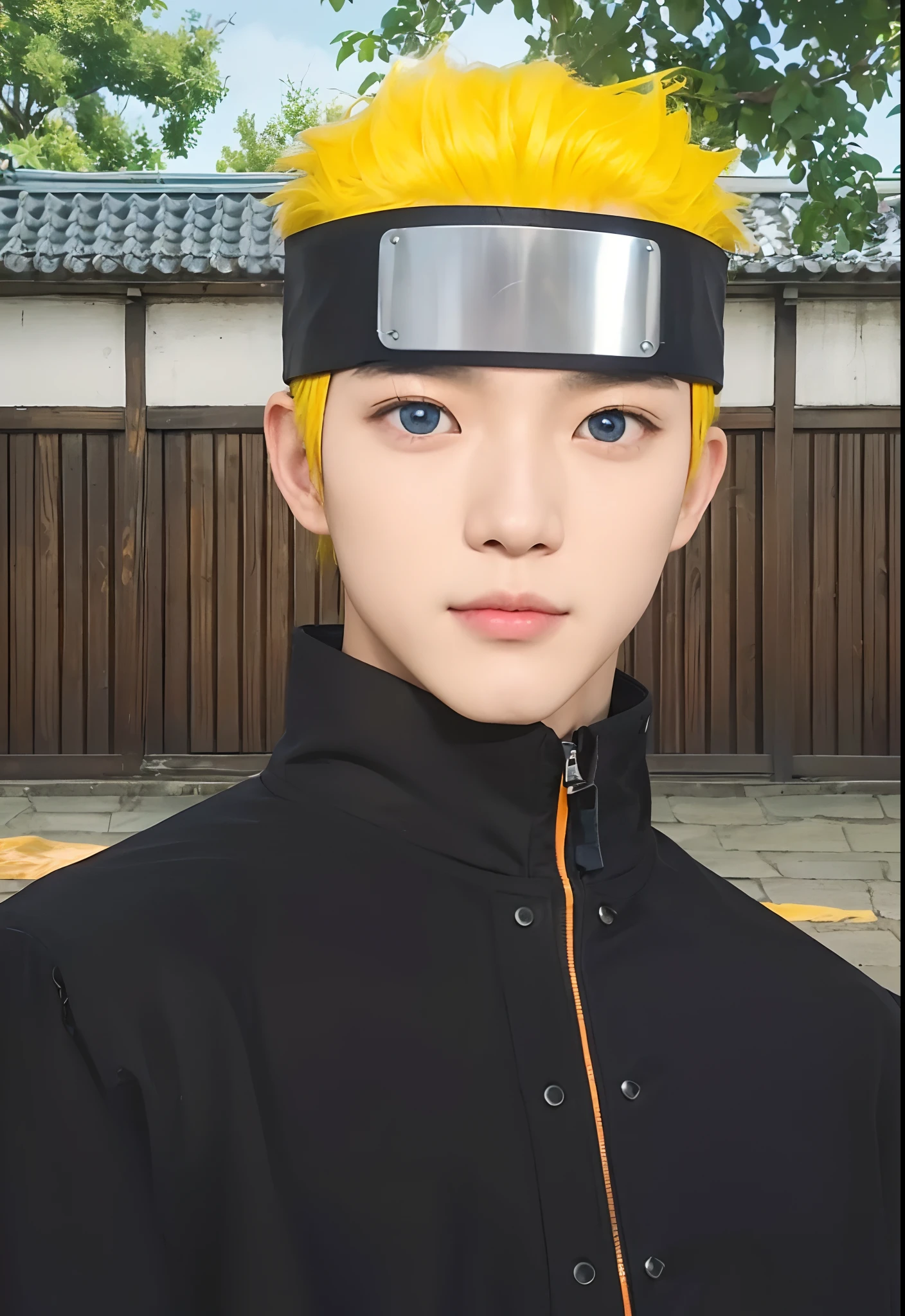 Real life adaption of this character, ((Korean teen handsome face)), Realistic blue eyes,((realistic very Messy yellow hair)),wear realistic black headband with iron plate , ((realistic same outfit Thin black collared jacket with orange zipper)), hyper realistic, realism, realistic light, realistic shadow,(photorealistic:1.2),Cool expression Slight smile