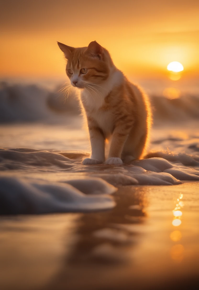 milk cat by the sea,The waves are gentle,The beach is golden yellow,In the setting sun,Contre-Jour,(realisticlying,photograph realistic:1.3),best qualtiy,highly detailed,tmasterpiece,hyper-detailing,illustratio,extremely detailed CG unity 8k wal,ink,astounding,cinmatic lighting,lens_flare,