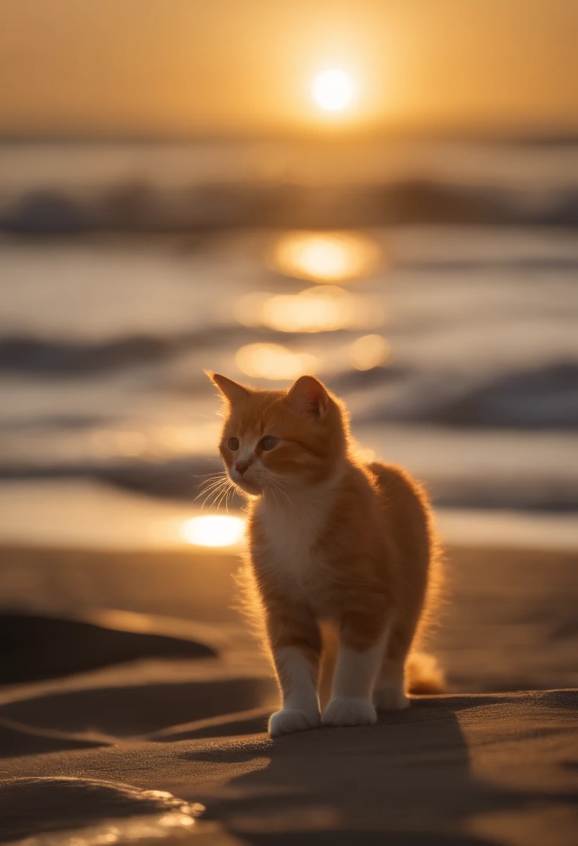 Little milk cat by the sea，The waves are gentle，The beach is golden yellow，In the setting sun，Contre-Jour，（realisticlying，photograph realistic：1.3），best qualtiy，highly  detailed，tmasterpiece，hyper-detailing，illustratio，extremely detailed CG unity 8k wal，ink，astounding，cinmatic lighting，lens_flare，