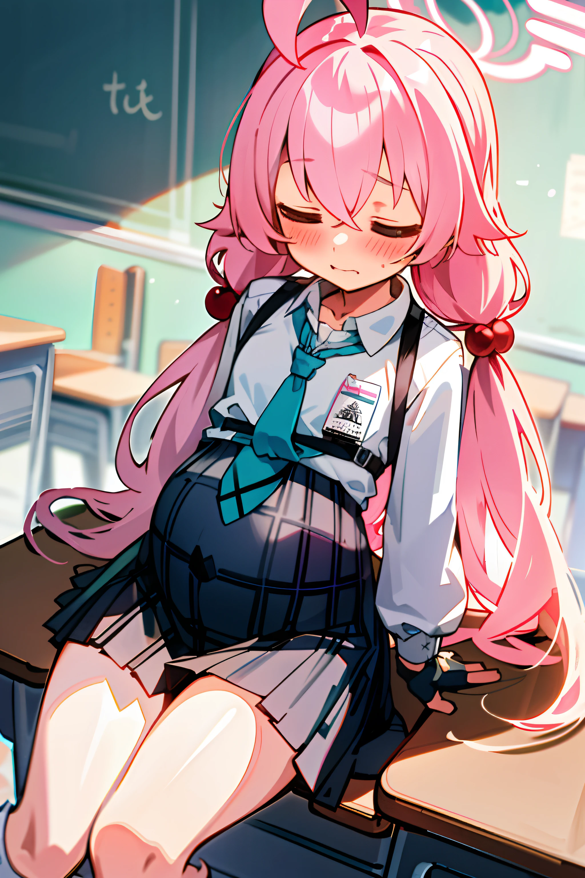 Hoshino (blue archive) One girl with long hair and uniform,  girl, loli, lolicon, looking at camera, sleepy face, blushing, small breast, medium pregnant, hands behind back, classroom, best quality, high quality,