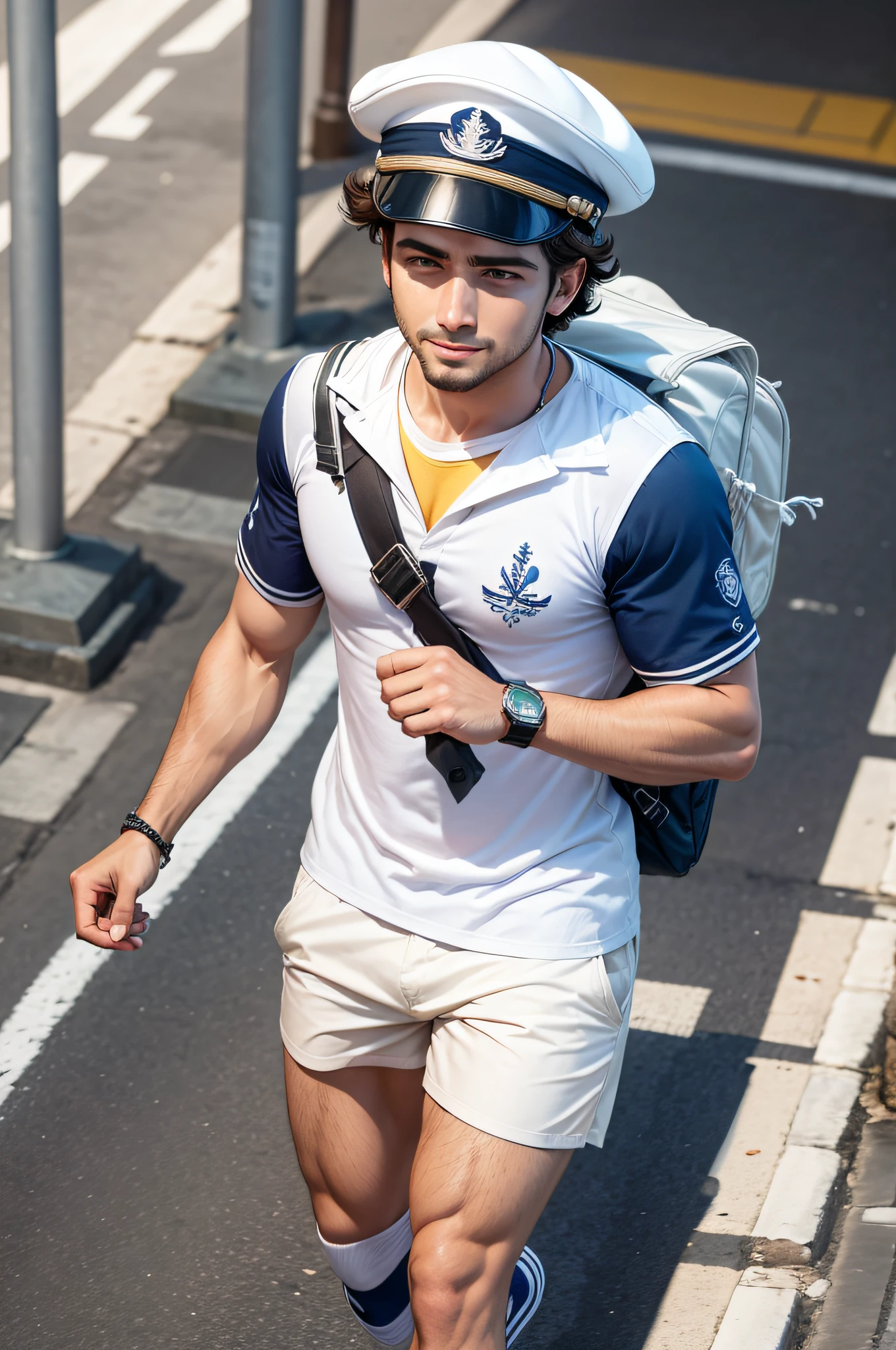 homem, marinheiro musculoso, branco, loiro de olhos verdes e de cabelo liso penteado para tras, com uniforme apertado, branco com detalhes azuis, With a sailor's hat in one hand, branco com uma estrela dourada na frente. sorrindo enquanto atende o celular, ao fundo uma rua movimentada na praia.