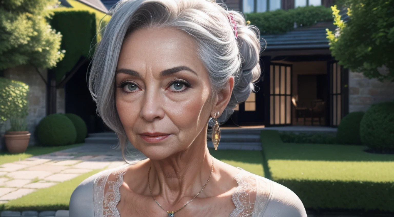 portrait of a 75-year-old woman with a bunch of grey hair on top of the head, grey eyes, a lot of wrinkles on her face, detailed wrinkles (8K, high resolution、The ultra -The high-definition、An ultra-high picture quality、Ultrarealistic、Best Quality)(small chest) clearly visible pubic shape, proper eye position, soft light, hips, detailed color graded background, intricate, highly detail, octane render, HD, 8k, an expensive country cottage, a huge house, a lawn, a large area around, bushes, a garden, evening meeting, business clothes with a pronounced neckline, tight clothes, small breasts, translucent dress, clear background, detailed background, ray traycing, soft shadows, NSFW:1.6, showing full body, full body, transparent suit,