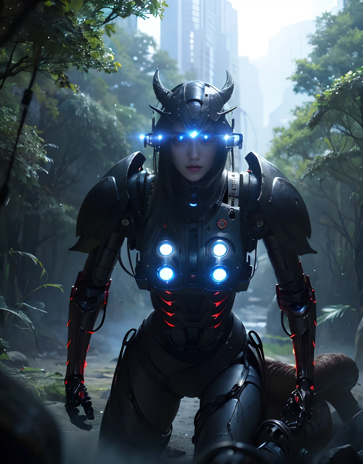(1 Mechanical Girl)、top-quality、masterpiece、超A high resolution、(Photorealsitic:1.4)、Raw photo、女の子1人、Fight mutants、glowy skin、(((1 Mechanical Girl)))、With a beautiful knife、(Green Metal Bodysuit)、(Fight goblings、ogre、Fierce battle with orcs),(Fight fiercely against aliens)、Fight fiercely、(beautiful forest background)、(Fighting Demonic Beasts)、(Small LED)、((super realistic details))、portlate、(Strong giant demon beast background),globalillumination、Shadow、octan render、8K、ultrasharp、Colossal tits、Raw skin is exposed in cleavage、metals、Details of complex ornaments、Japan details、highly intricate detail、Realistic light、(Mystical expression),CGSoation Trends、Blue eyes、radiant eyes、Facing the camera、neon details、(Mechanical limbs)、(blood vessels connected to tubes)、Mechanical vertebrae attached to the back、mechanical cervical attaching to neck、(Wires and cables connecting to the head)、Gundam、Small LED、,Mechanical thighs、Toostock、(Hands are also made of machines)、(Attack of the Monster Beasts)、(Wounded in a deadly battle)、