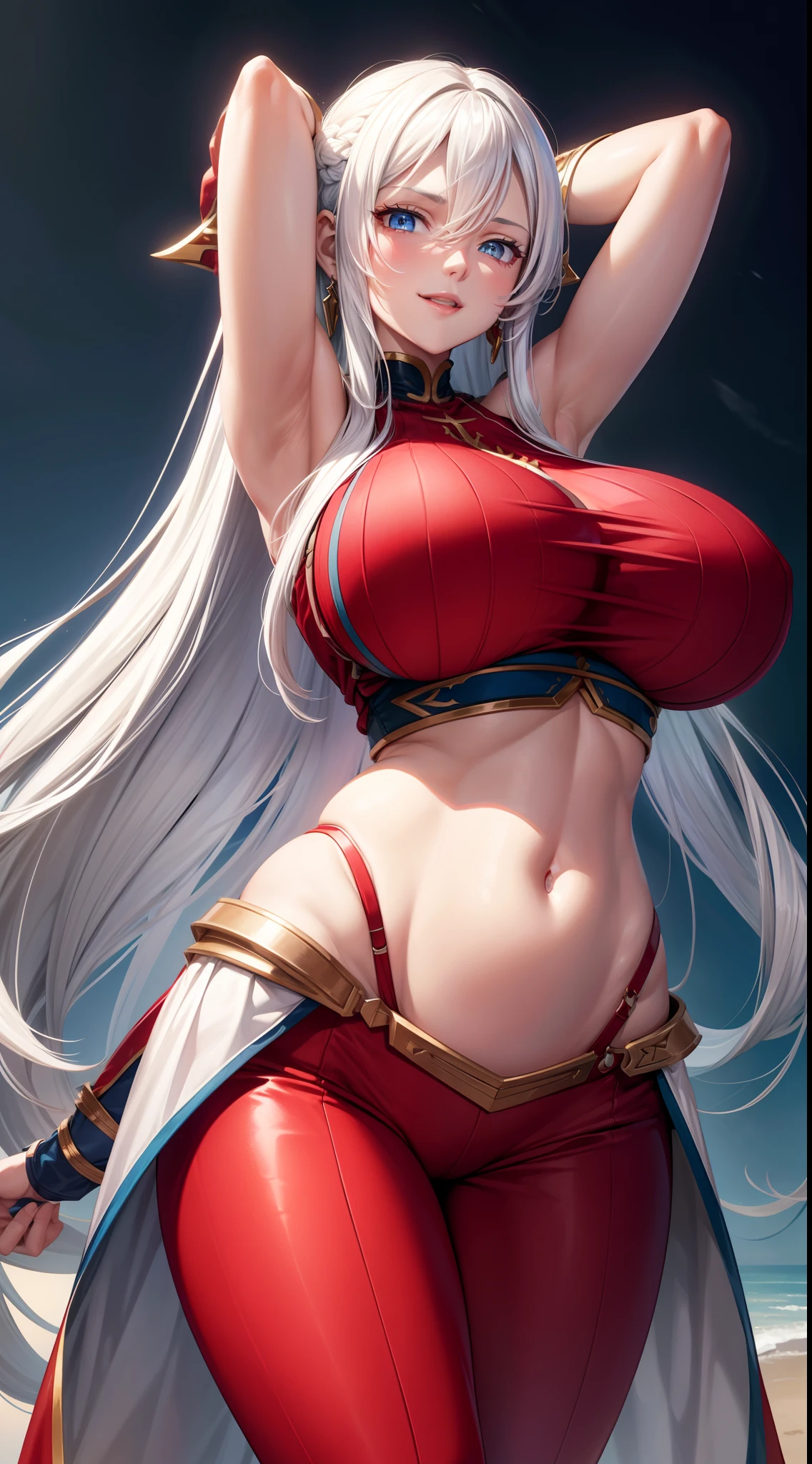 Adult woman, long white hair, blue eyes, smile, red tight top, huge breasts, open belly, battle pants, hands behind head, hiquality, 4k, HD, Good detail