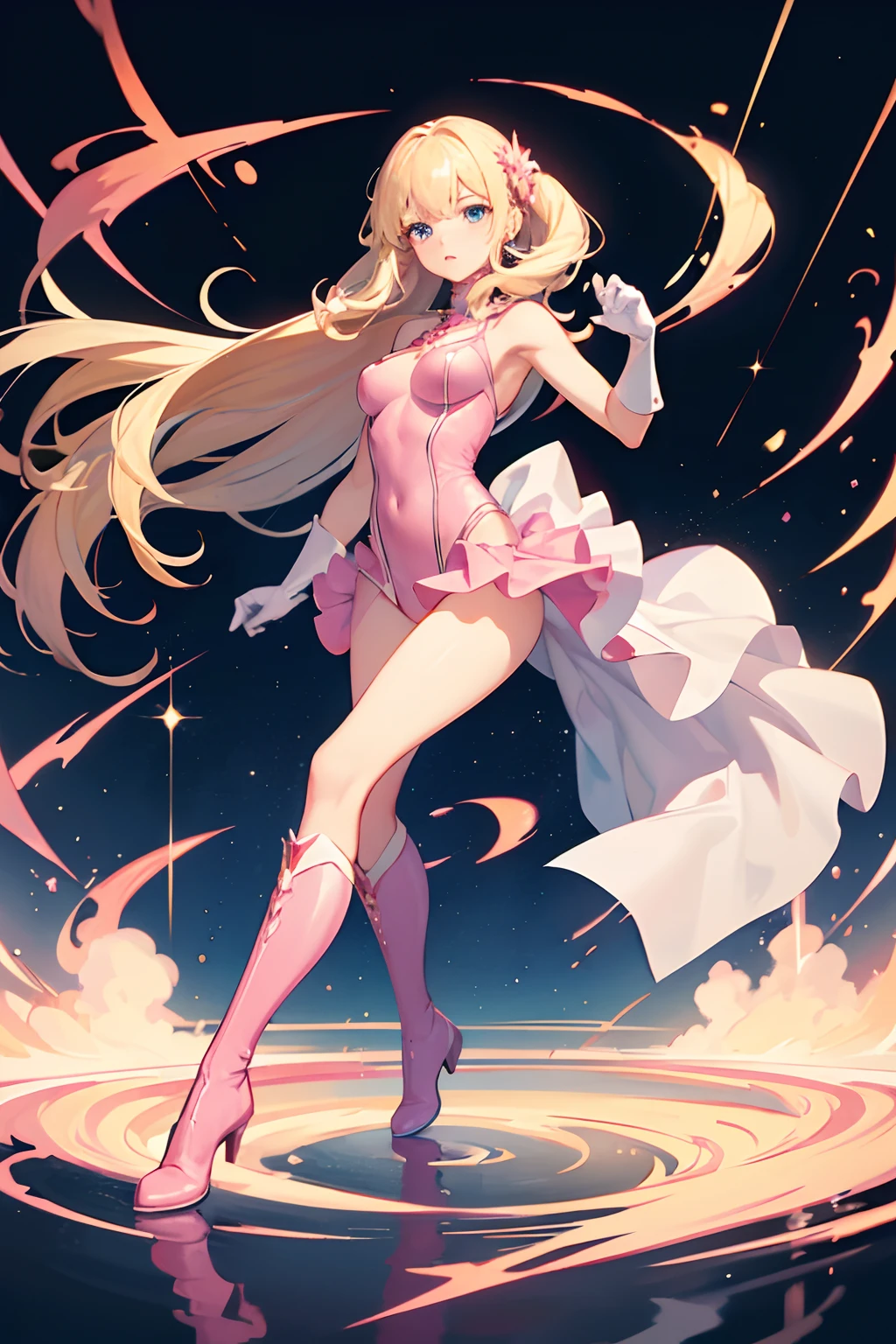 ((masterpiece)), ((best quality)), ((highres)), 1girl, solo, bare legs, matching boots, sleeveless, looking at viewer, standing and leaning forward, looking up, tall and delicate, cute slim 25 year old, perfect hands, perfect eyes, perfect legs, perfect arms, perfect pink leotard, perfect fingers, perfect slim body, medium breasts, spinning, blonde hair, long hair, knee boots, blue eyes, hair down, bangs, sleeveless, pink gloves, pink footwear, superhero, delicately spinning around, spinning, standing, standing, leaning