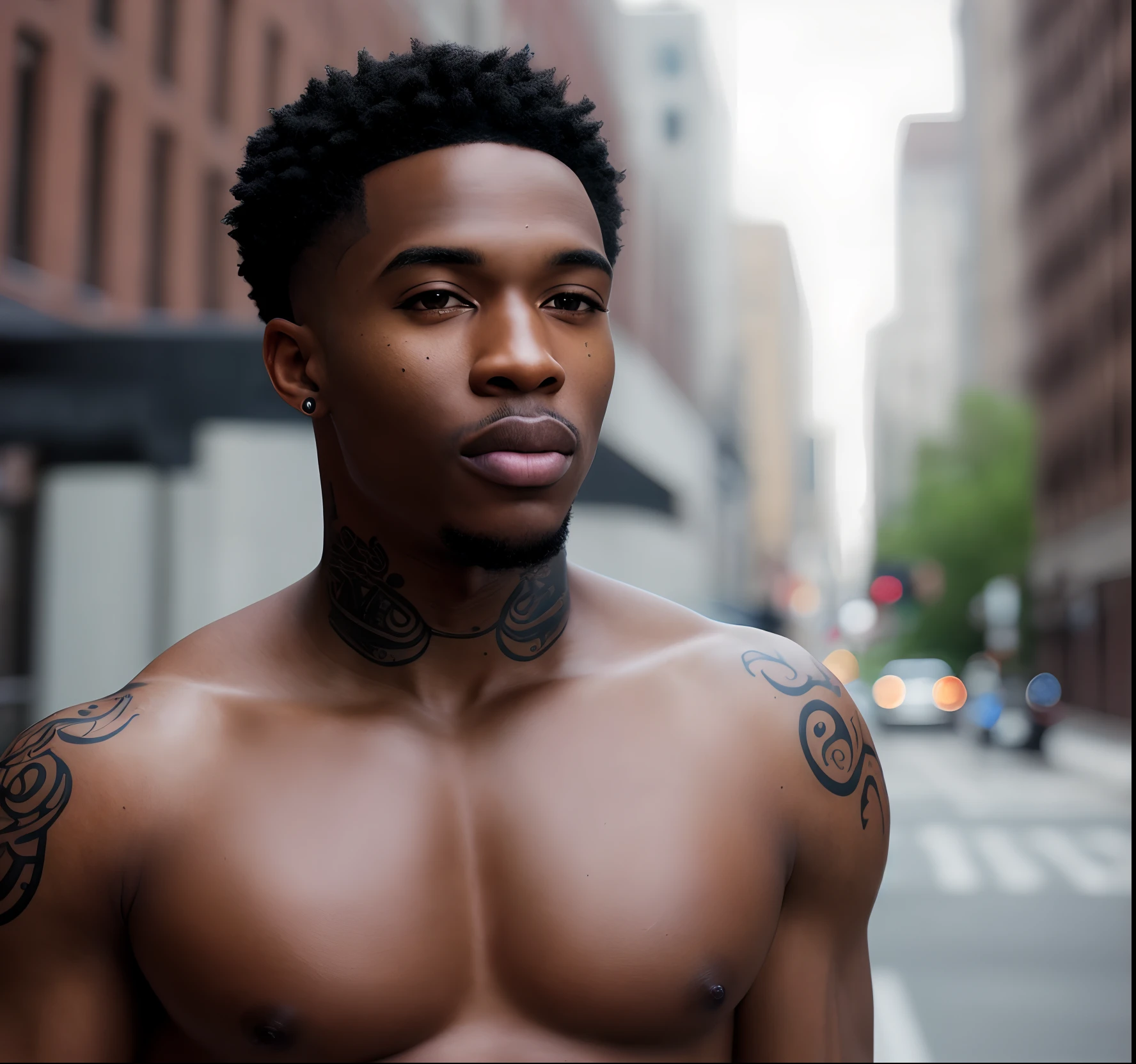 Hyper realistic , ultra detailed, photo of beautiful Black American man, 20 years old, big prominent lips, tattooed, Front facing, ultra detailed, ultra accurate detailed, Shot with canon EOS RI camera at 50 mm focal length with a 1.4 aperture. 4k, 8k. Heavy makeup and a coy expression, photo taken on the streets of brooklyn, new york