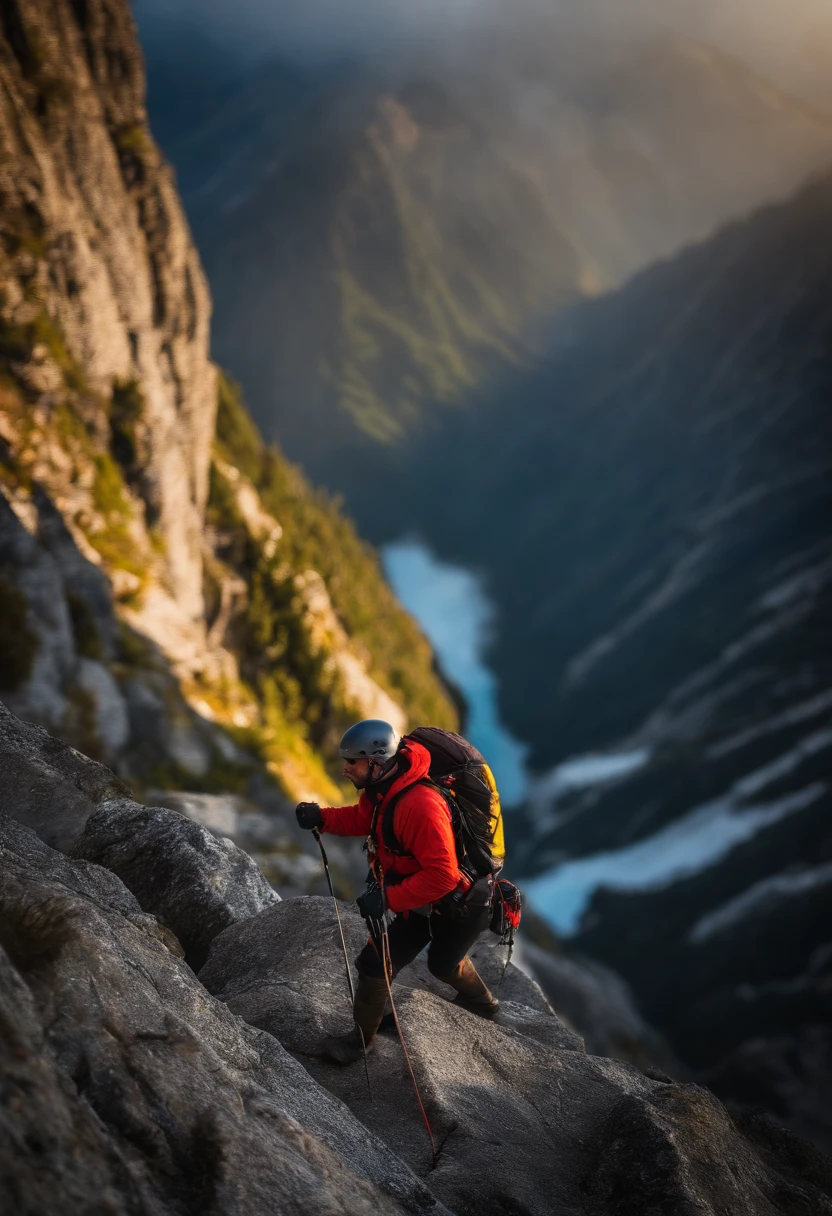 alpinista de costas para a camera, escalando uma montanha, olhando para a camera que esta atras dele, numa posicao superior levemente a esquerda, ele esta com uma das maos segurando a corda