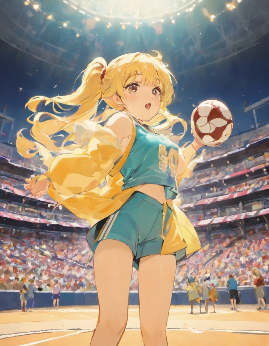 score_9, score_8_up, score_7_up, anime style,2020s\(style\),masterpiece,best quality, zPDXL2,source_anime, kawaii, vivid, colors, (medium full shot) of 1girl, (sophisticated volleyball player) young woman, south african, dark skin, hazel eyes, Average build, extra long blonde retro hair, wearing a yellow sleeveless shirt, skirts, high-top sneakers, holding a volleyball, elbow pads, set in  beach tournament setup, multiple courts with temporary stands, enthusiastic crowd, vendors selling snacks and drinks, festive atmosphere, at night, woman surprised, open mouth, running toward the viewer,