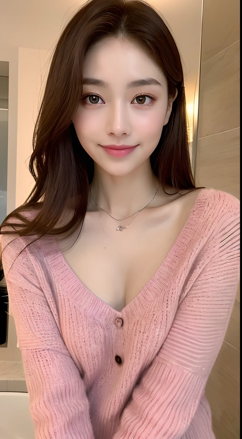 ((Night, Realistic Light, Best Quality, 8K, Masterpiece: 1.3)), 1girl, Slim Beauty: 1.4, Abs: 1.1, (Brown hair, Medium breasts: 1.3), Long pink sweater: 1.1, Bathroom, Super fine face, Delicate eyes, Double eyelids, smile, necklace