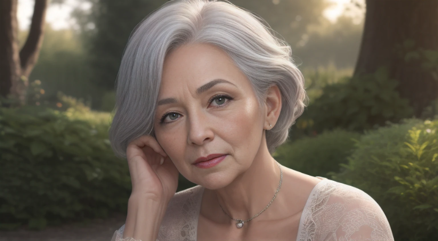 portrait of a 75-year-old woman with gray hair, seductive gaze,a bunch of grey hair on top, brown eyes, a lot of wrinkles on her face, detailed wrinkles (8K, high resolution、The ultra -The high-definition、An ultra-high picture quality、Ultrarealistic、Best Quality)(small chest) clearly visible pubic shape, proper eye position, soft light, hips, detailed color graded background, intricate, highly detail, octane render, HD, 8k, an expensive country cottage, a huge house, a lawn, a large area around, bushes, a garden, evening meeting, business clothes with a pronounced neckline, tight clothes, small breasts, translucent dress, clear background, detailed background, ray traycing, soft shadows