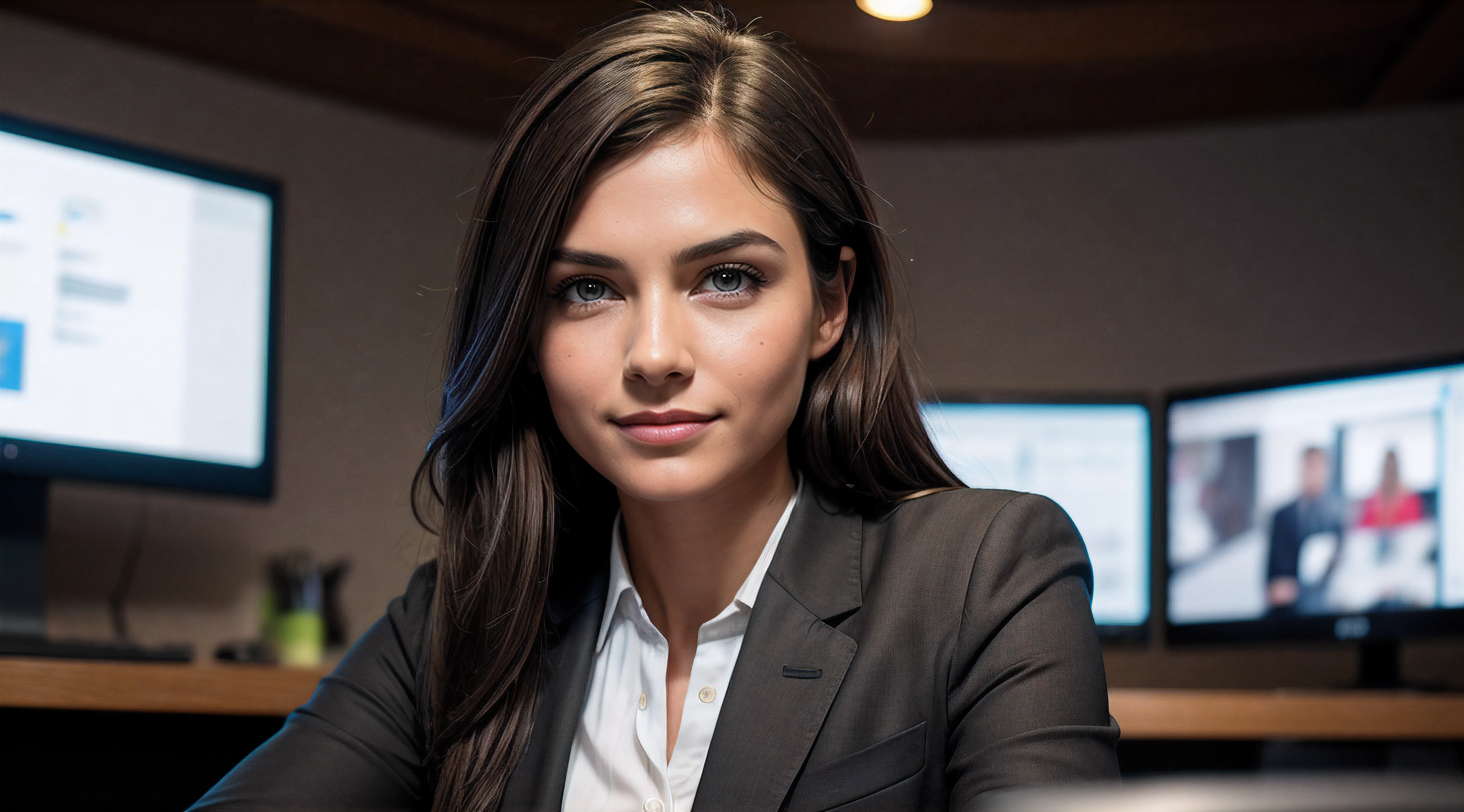 [professional full body photo by ((Jeremy Lipking:0.3), (Dittmann Anna:0.3), (Arian Mark:0.3))], (brown hair), (grey eyes) fit girl, lean girl, smiling, business woman wearing a (black lawyer suit), posing at (a computer desk), exaggerated skin pores on face, rugged face texture, ceramic skin, realistic[:, (film grain, well defined pupils, high contrast eyes, ultra detailed skin, skin pores, vellus hair, fabric stitching, fabric texture, wood grain, stone texture, finely detailed features:1):0.9], Details (Textures! , Hair! , Shine, Color!! , Drawbacks: 1.1), bright eyes with high detail (Looking at the camera), SLR lighting, SLR camera, Ultra quality, sharpness, Depth of field, Film grain (center), Fujifilm XT3, Crystal clear, Center of the frame, sharp focus, Bokeh (Low light), detailed skin pores, oily skin, burn, Complex eye details.