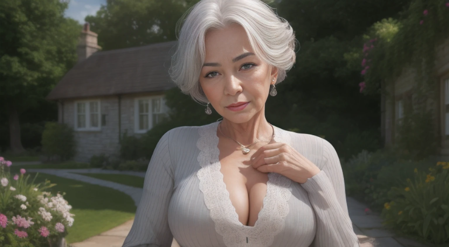 portrait of a 75-year-old woman with gray hair, seductive gaze,a bunch of grey hair on top, brown eyes, a lot of wrinkles on her face, detailed wrinkles (8K, high resolution、The ultra -The high-definition、An ultra-high picture quality、Ultrarealistic、Best Quality)(small chest) clearly visible pubic shape, proper eye position, soft light, hips, detailed color graded background, intricate, highly detail, octane render, HD, 8k, an expensive country cottage, a huge house, a lawn, a large area around, bushes, a garden, evening meeting, business clothes with a pronounced neckline, tight clothes, small breasts, translucent dress, clear background, detailed background, ray traycing, soft shadows