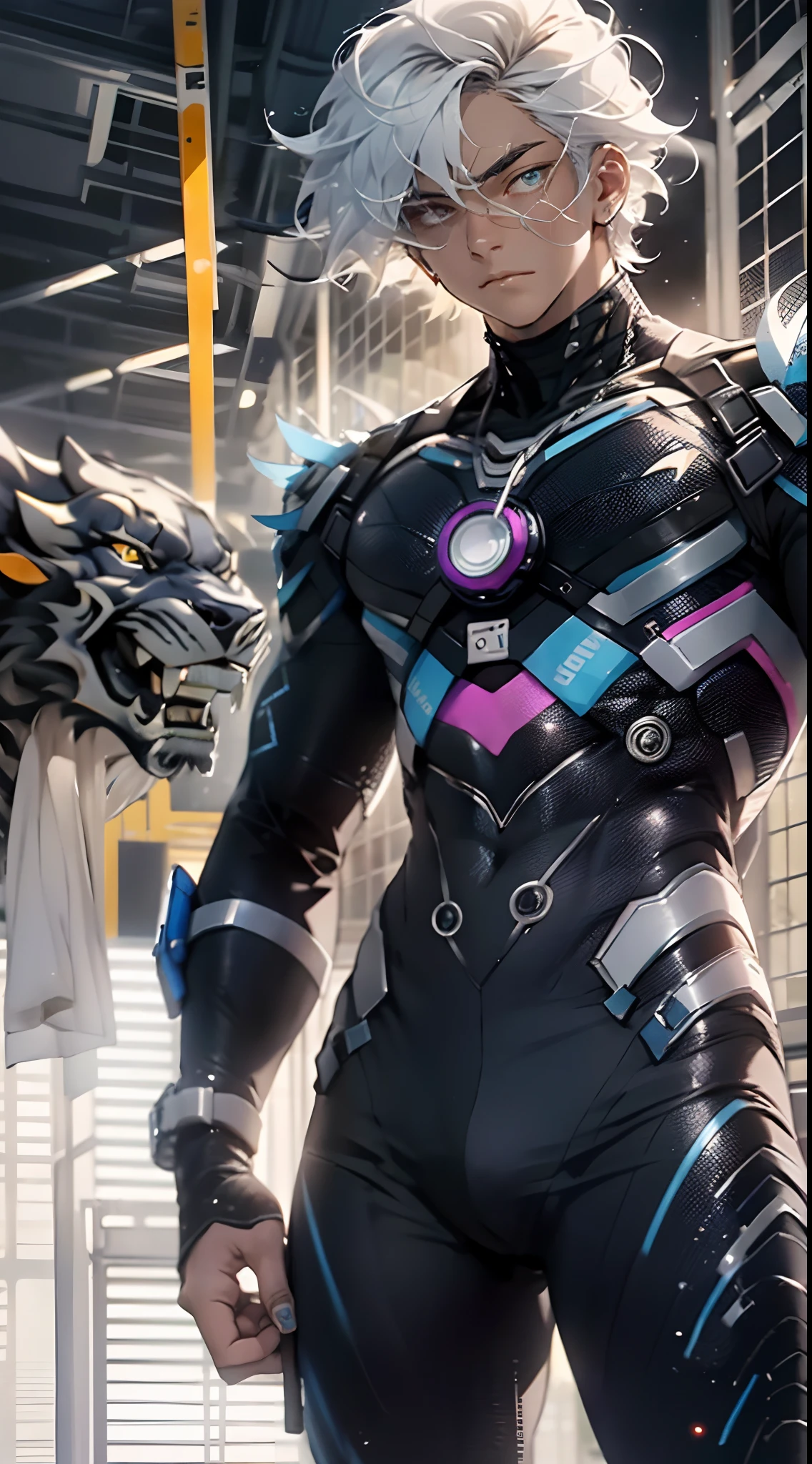 (cyber punk perssonage:1.3) , Black pantsuit, Black T-shirt with, melancholy lighting, A tranquil, peacful, luminance, tmasterpiece, best qualityer, (Ultra photo realsisim:1.3), (tmasterpiece:1.4), best qualtiy, ((realisticlying)), high high quality, ultra - detailed, ((Authentic images)), ((Realistic skin)), ((photorealiscic face)), (illustratio:1.05), (Handsome:1.05), (beatiful detailed eyes:1.05), (cinematric light:1.1), Blue in the detachment, perfect whole body,Black and blue clothes,White sneakers,(Handsome male),(perfect male figure), short detailed hair,Detailed face, Perfect face, (The stands up), Detailed background, ((Bonifasko lighting)), (Detailed eyes), perfect pupils,Abs,chest muscle