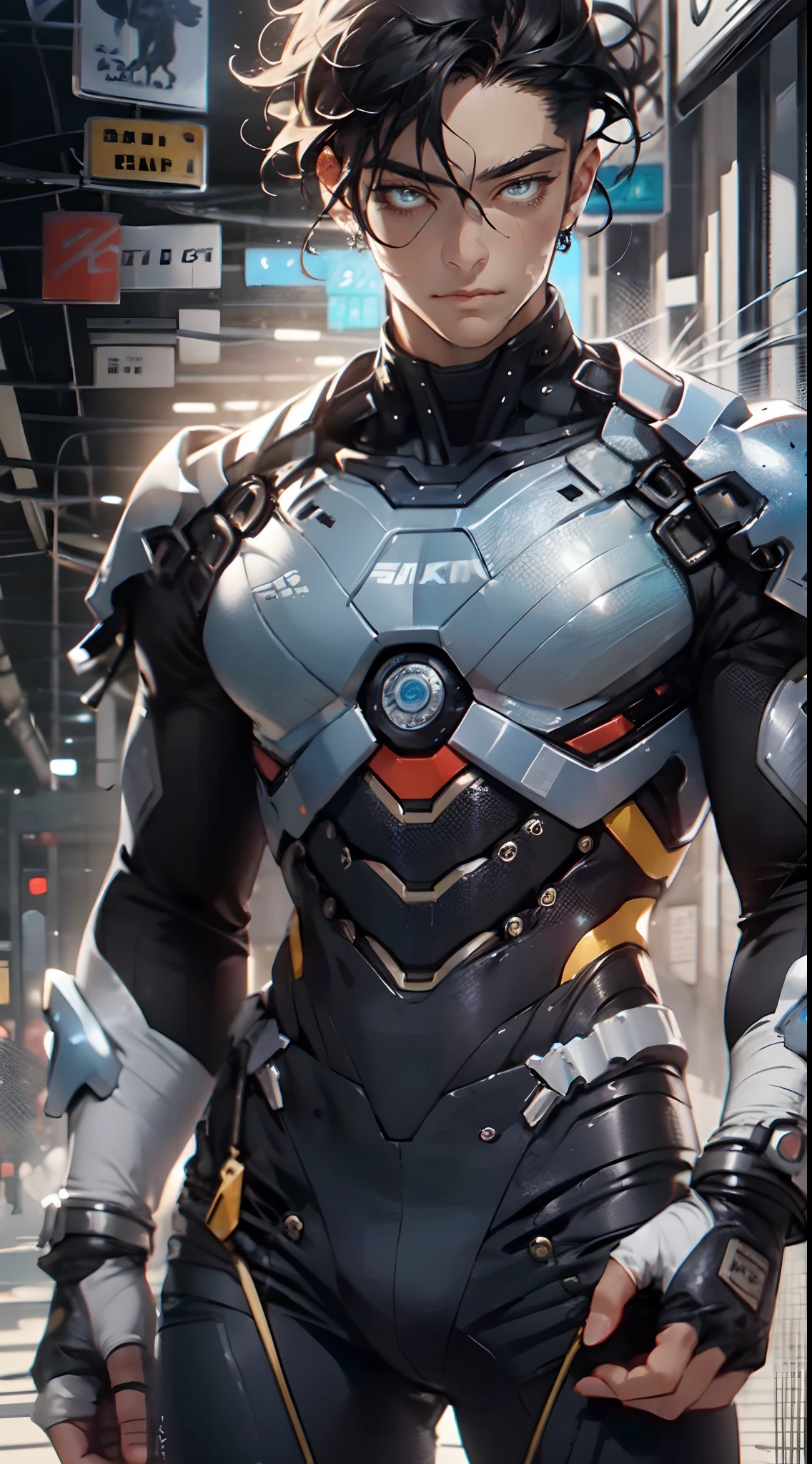 Uploaded to E621, best quality, masterpiece, high quality, Sexy Men, synth (vader-san), White, Bright colors, security robot, guards, bodyguard, bodyguard, very muscular, male muscular, sexy muscular, thick thighs, Long tail, guards 의상, Pick up a gun, attack pose, city background, Bright screen