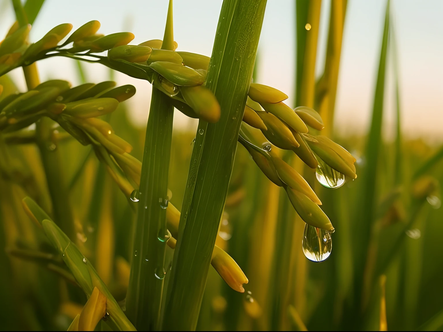 There are many water droplets on the rice stem, focus on droplets, rice, The drops, author:Rainer Horsch, Dewdrops, Close-up - upward photo, close up photograph, droplets, uncrop, dewdrops, author:Matt Stewart, author:Karel Steck, author:Werner Guzette, dew, author:Jan Rustham