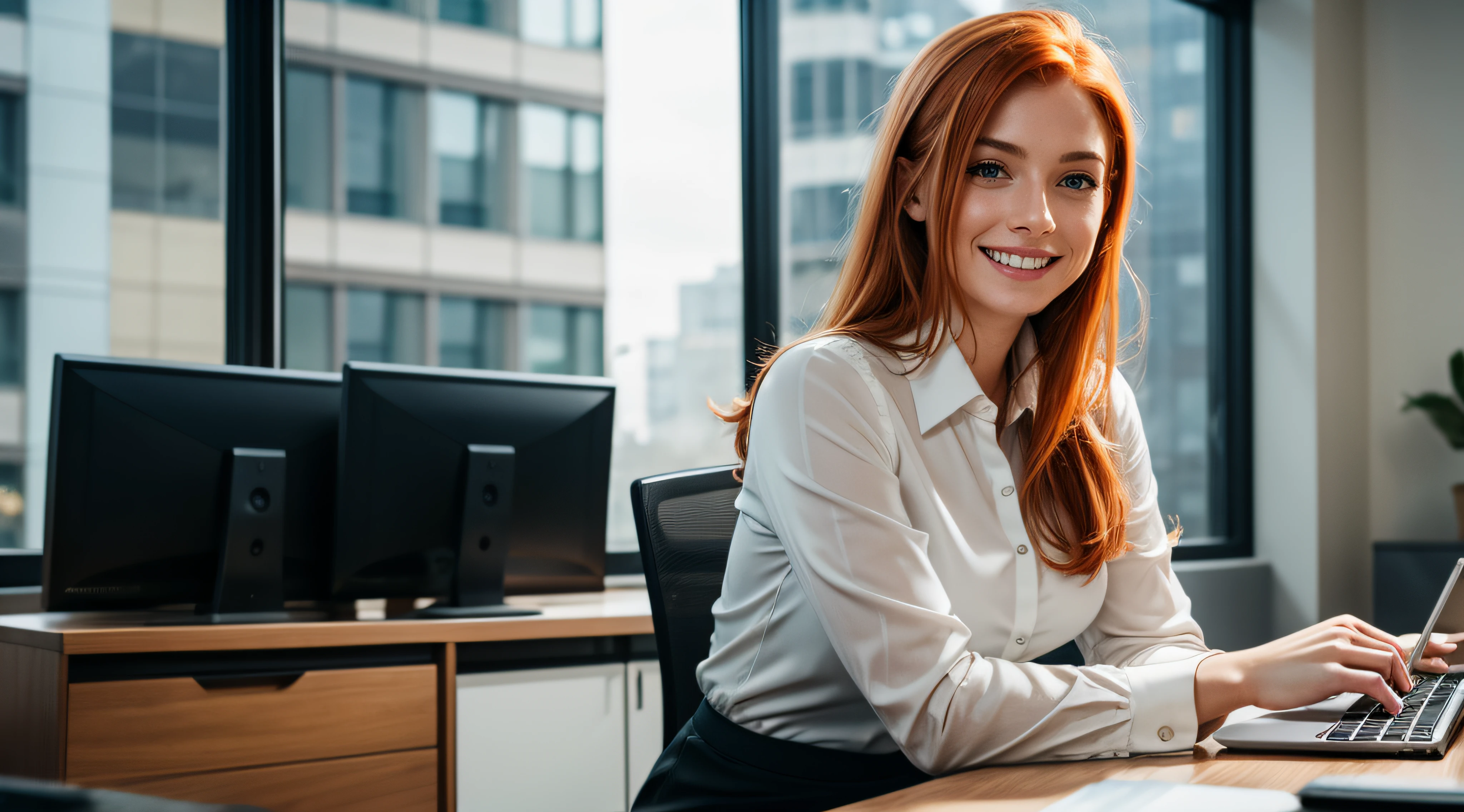 [high resolution wallpaper by ((Jeremy Lipking:0.3), (Dittmann Anna:0.3), (Arian Mark:0.3)), (Sharp focus:1.3)], [business woman wearing a (white blouse lawyer suit), sitting at (computer desk), (computer equipment in the background), next to office window], (ginger hair), (grey eyes), happy smiling, fit, lean, perfect anatomy, perfect symmetry:1.2, realistic, realistic face:1.2, perfect face, highly detailed], hide hands, natural lighting