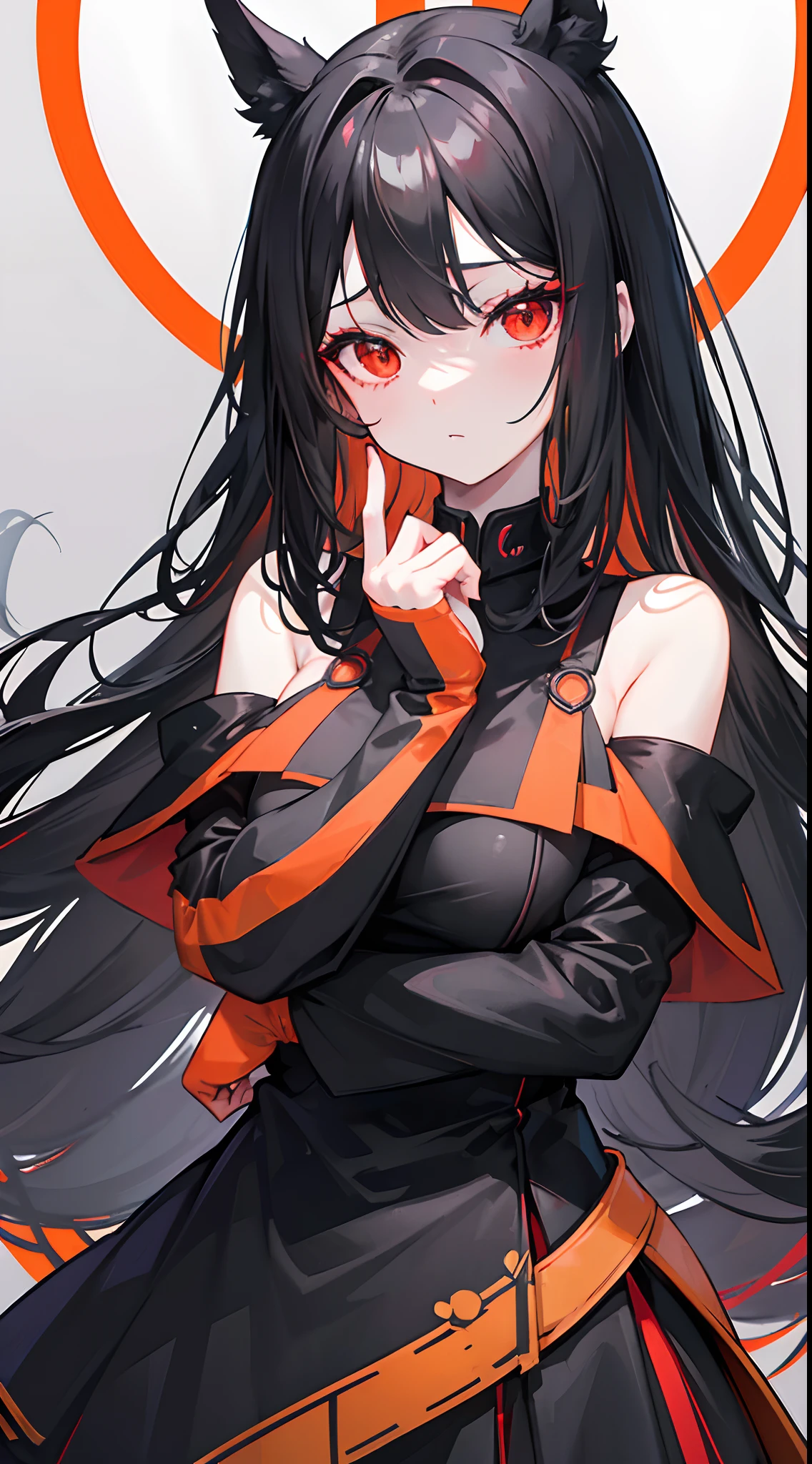Long black and gray hair,dual horsetail,Orange-red eyes,,Qi bangs,Wearing a school uniform in a black golden-trimmed dress slightly larger than her,The shoulders were exposed,The sleeves are long to cover the hands,Be red in the face,expressiveless,one-girl,Compare two hands to a heart on your chest