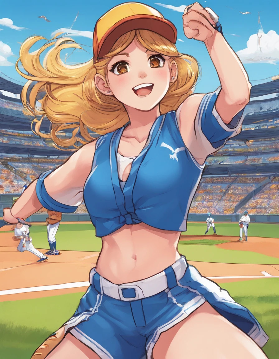 Midsummer Ballpark、outside of house、Pitcher Girl、Underthrow pitcher、Blonde with brown hair close to、Twin tails lower than the ears、Wearing a blue baseball uniform、Throwing a baseball、Stand on the mound in baseball、Anime style、Simple painting style、Vibrant colors