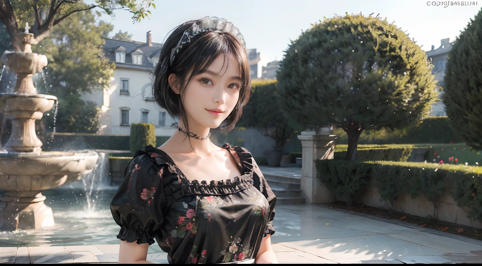 10
(Black Shorthair:1.3), (a 20 yo woman), (A hyper-realistic), (masutepiece), (8KUHD), Beautiful woman, A smile, (Floral Maid Clothing:1.2), Large and luxurious terrace, Standing in a garden with a wide depth, (Focus on the face:1.23), There is a large fountain