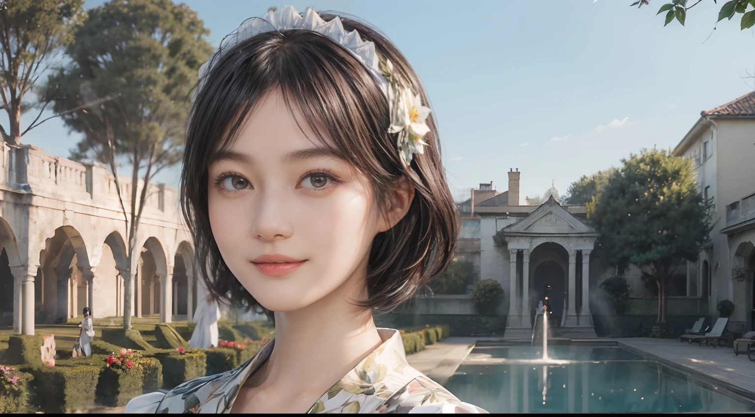 10
(Black Shorthair:1.3), (a 20 yo woman), (A hyper-realistic), (masutepiece), (8KUHD), Beautiful woman, A smile, (Floral Maid Clothing:1.2), Large and luxurious terrace, Standing in a garden with a wide depth, (Focus on the face:1.23), There is a large fountain