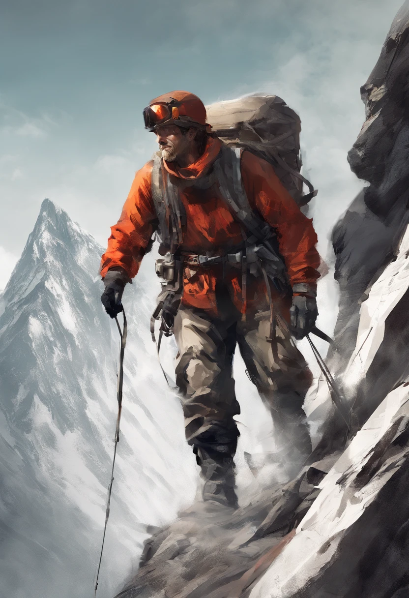 alpinista de costas para a camera, escalando uma montanha, olhando para a camera que esta atras dele, numa posicao superior levemente a esquerda, ele esta com uma das maos segurando a corda