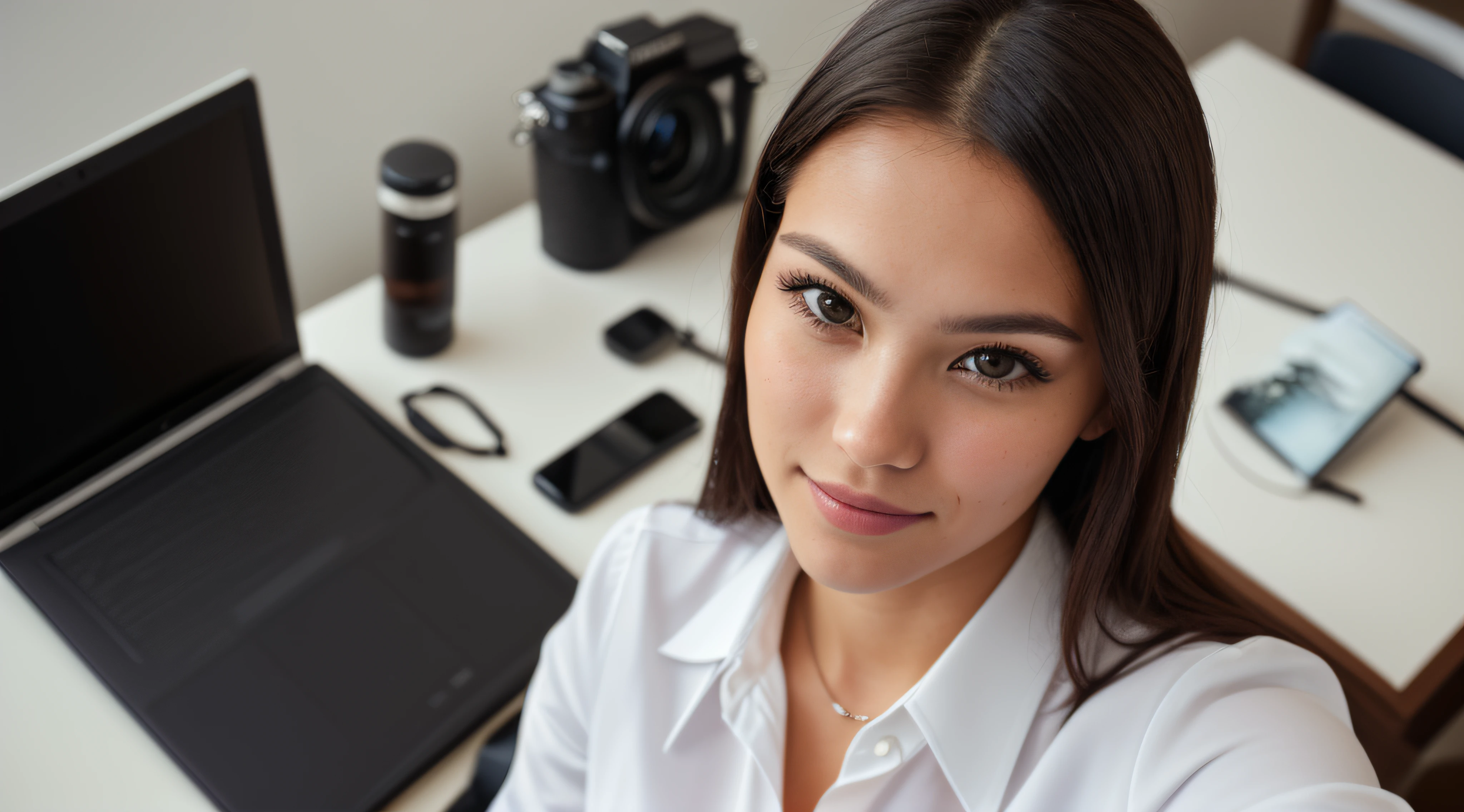 (Selfie, Top view: 1.4), (Straight mid-body shot: 4.4), RAW UHD portrait photo of a 27-year-old brunette (Woman with brown eyes) posing at computer desk, at the lawyer's office, (wearing professional white blouse lawyer outfit), (computer equipment in the background), Details (Textures! , Hair! , Shine, Color!! , Drawbacks: 1.1), eyes with high detail (Looking at the camera), SLR lighting, SLR camera, Ultra quality, sharpness, Depth of field, Film grain (center), Fujifilm XT3, Crystal clear, Center of the frame, Beautiful face, sharp focus, Bokeh (Low light), Night, detailed skin pores, oily skin, burn, Complex eye details, full body.