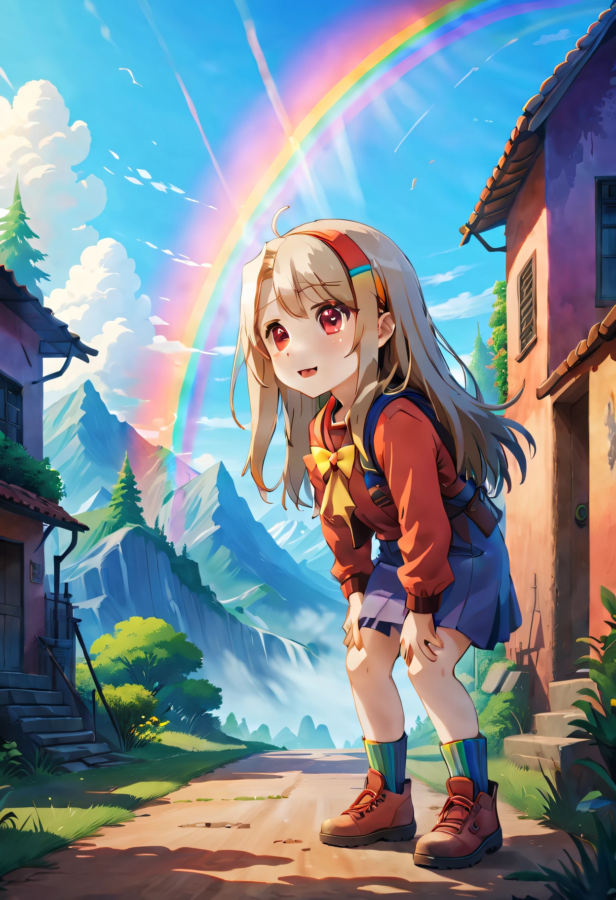 (rainbow),bright, vibrant colors, cheerful atmosphere, magical sky, colorful band of light, seven colors of the rainbow, red, orange, yellow, green, blue, indigo, violet, arched shape, merging and blending, burst of colors, shimmering, iridescent colors. (best quality, vibrant and vivid colors:1.2), (realistic and detailed rainbow:1.37), high-res, ultra-detailed, colorful masterpiece, (HDR, UHD, sharp focus, studio lighting), (painting-like, dreamlike, surrealistic) style, (soft, pastel, or bold) color palette, (gentle, warm, or dramatic) lighting.
