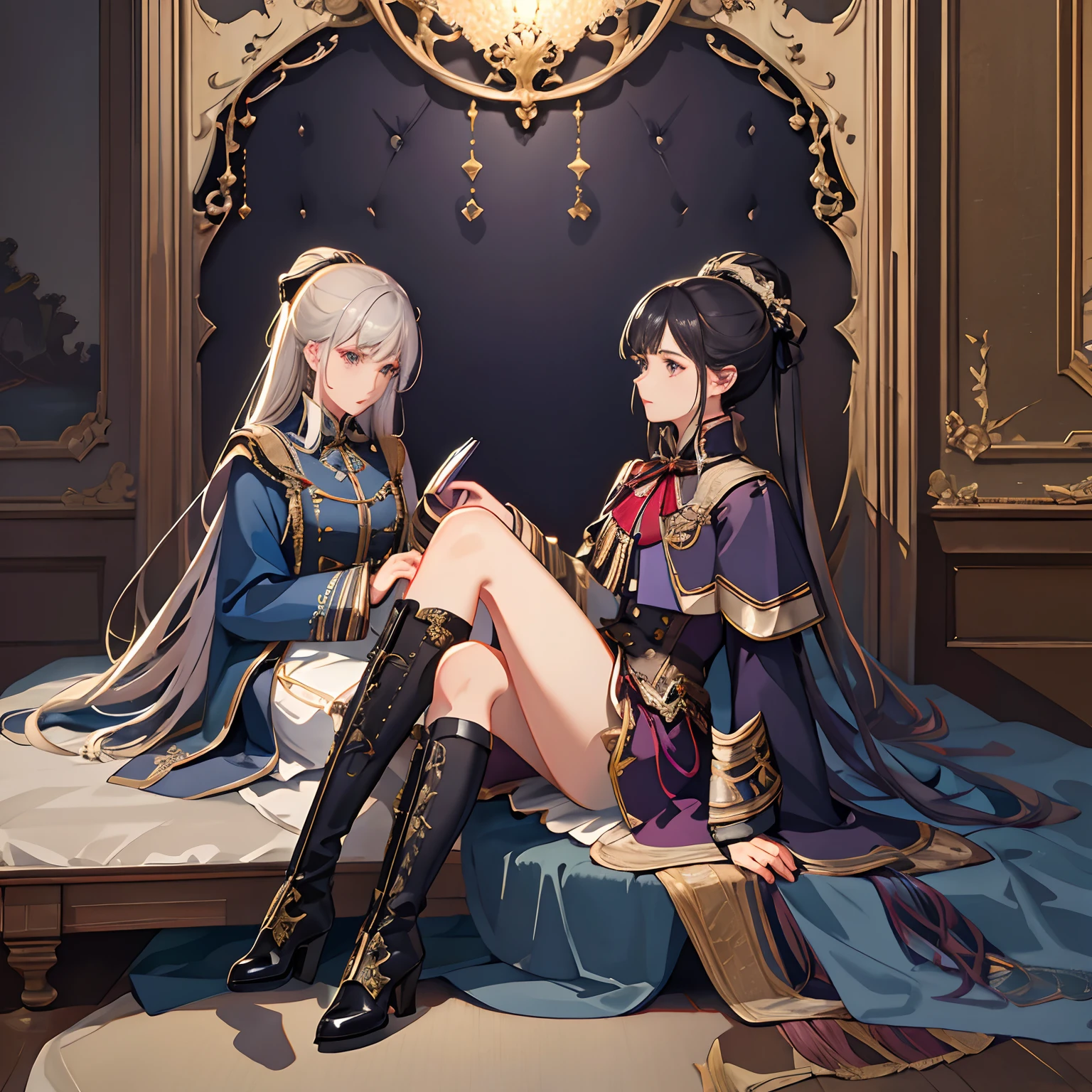 Official Art, Unity 8k wallpaper, super detailed, beautiful, beautiful, masterpiece, best quality, super detailed texture, asymmetrical aesthetic, darkness, epic, atmospheric, mysterious, taboo, art, victorian, military uniform, uniform, decoration, intricate, gold and silver products, supernatural, costume design, lace embellishment, 2 girls, fine eyes, upturned legs, sitting position, stockings, boots, elegant, matching hands, matching legs, professional lighting, photon mapping, radiosity, physically based rendering, High resolution