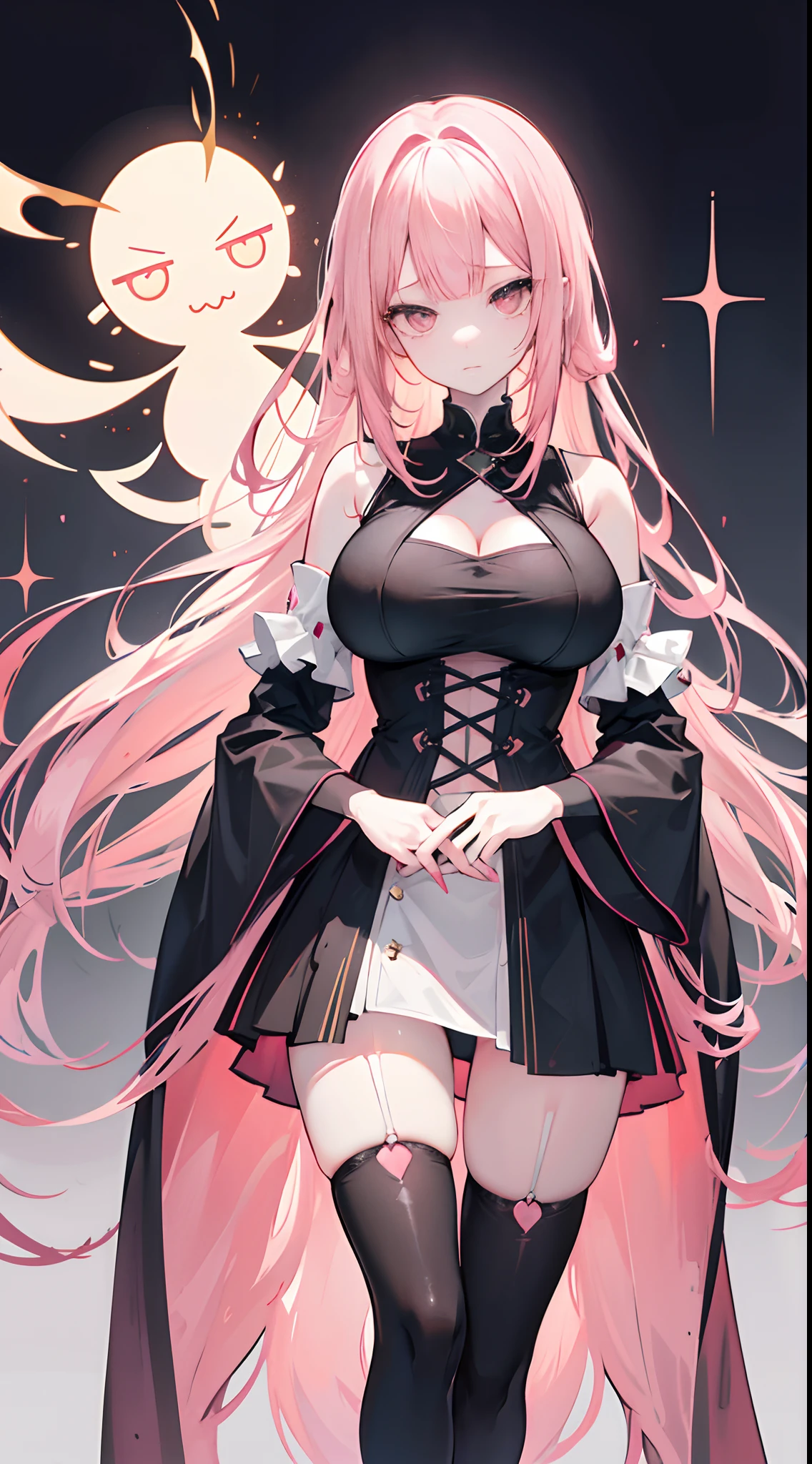 Long pale pink hair，dual horsetail，Pink eyes，，Qi bangs，Black gold-trimmed dress，The shoulders were exposed，The sleeves are long，Be red in the face，expressiveless，one-girl，Compare two hands to a heart on your chest，huge tit，adolable，delicated，black lence stockings，Protruding