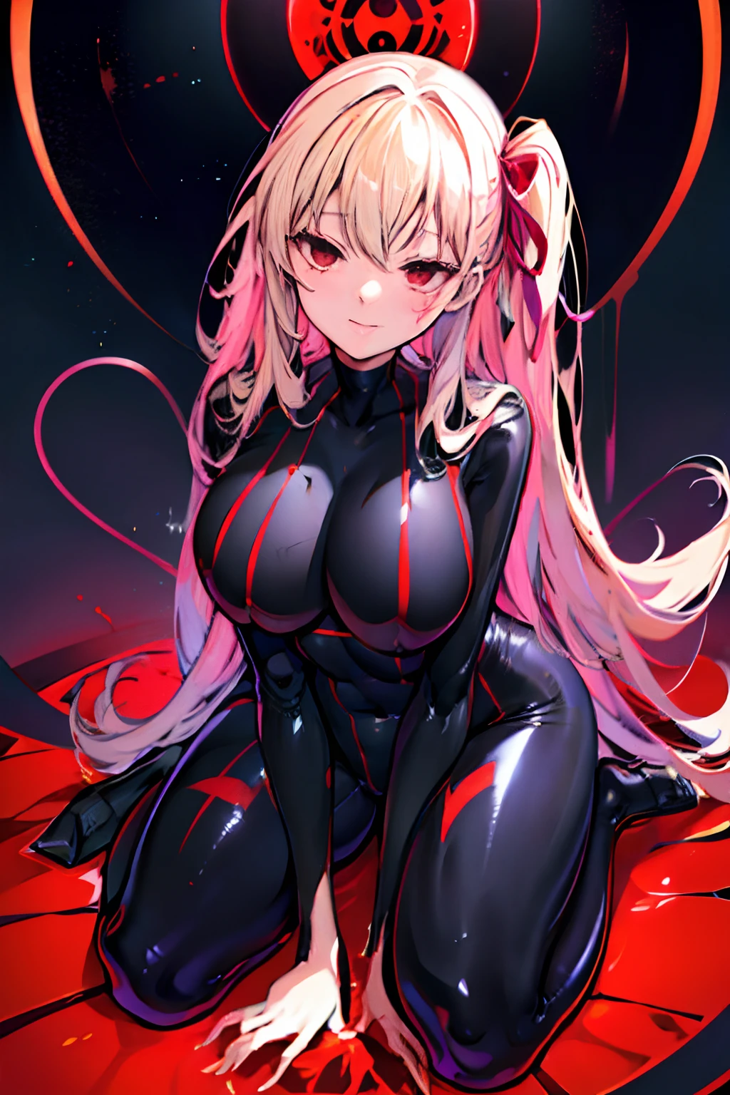 Carefully draw the face　High-quality faces in anime style　a blond　Black full body suit　Red lines all over the body　huge tit　Big ass　Whip thighs　seductiv　a smile　succubus　Sit up