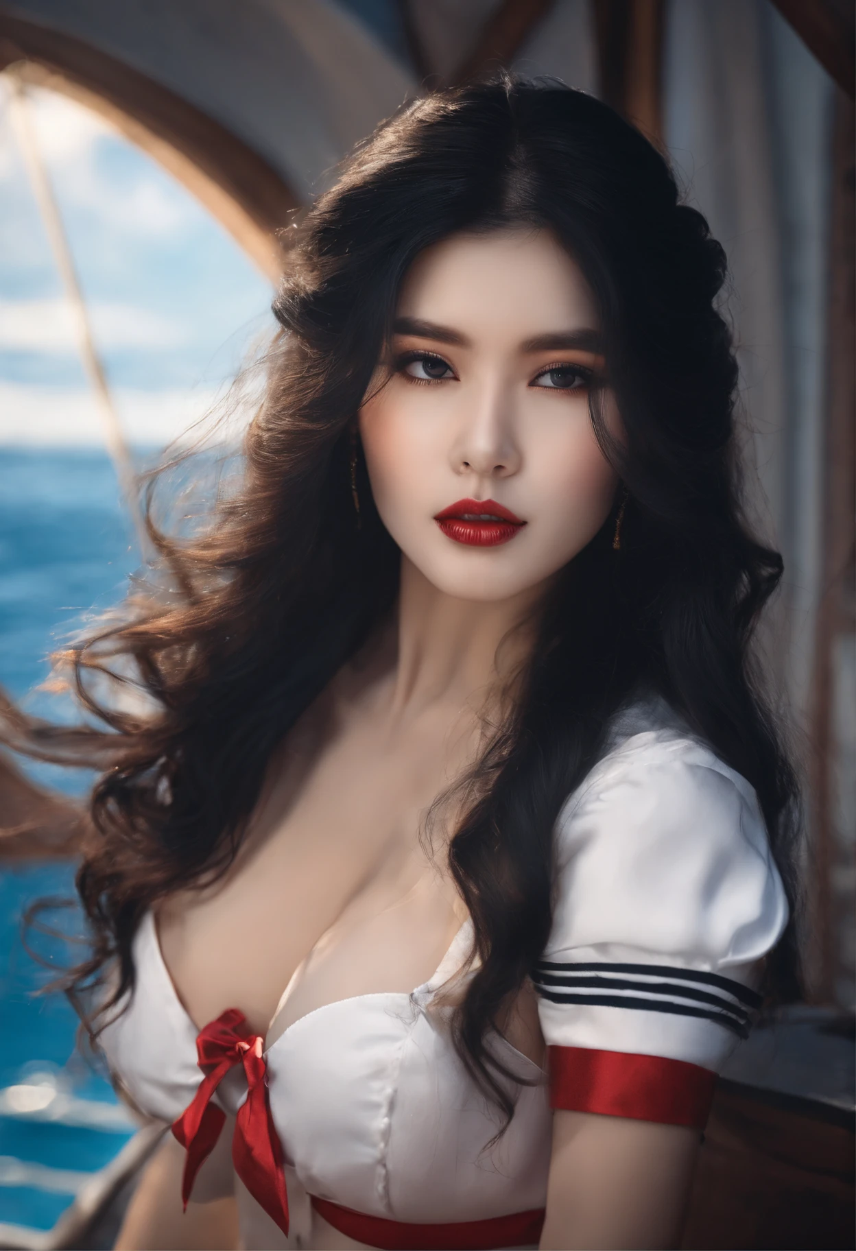 a sailor suit,long whitr hair,Black color hair,Girl,exposing your chest,exposing your nipple