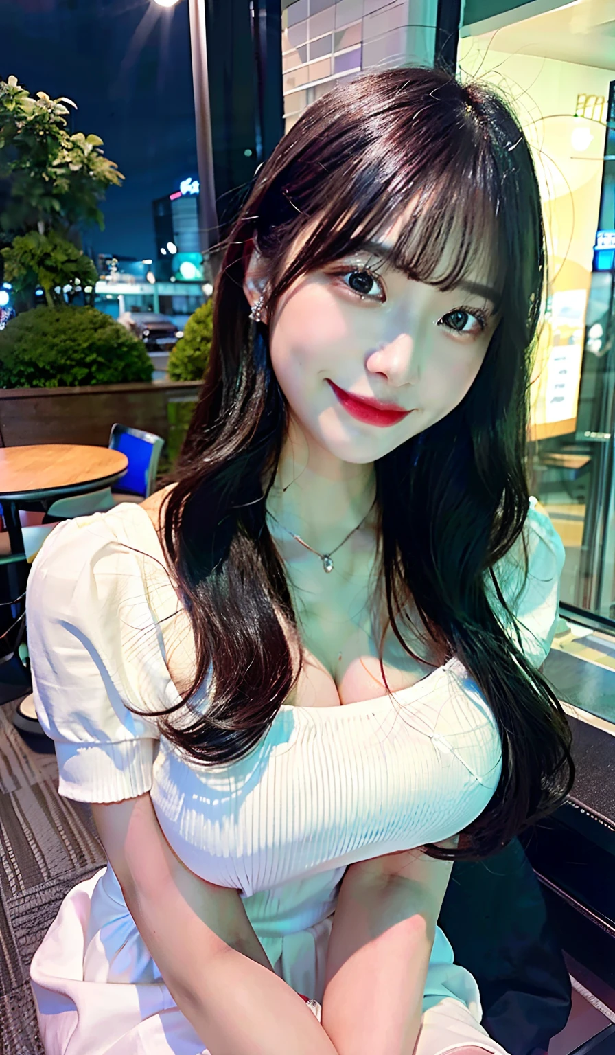 (8K, Raw photo, Best Quality, masutepiece:1.2), (Realistic, Photorealsitic:1.37), Ultra-detailed,
1 girl,Cute, Solo,Beautiful detailed sky,Detailed Cafe,Odaiba,full bodyesbian,fixed,(nose blush),(Smile:1.1),(Closed mouth),(Unobtrusive cleavage：2.0), Seductive smile, large aparture, Professional Lighting, Sony A7R4, Zessie 50mm f1.8,Beautiful detailed eyes,(white sexy dress:1.1),,Pleated skirt,(Long whit hair),Floating hair