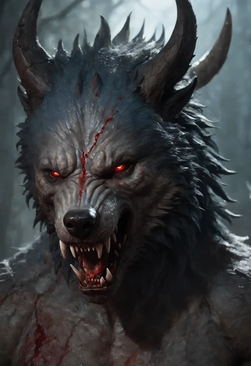 A painting of a really mest up wolf with a bloodied face and a bloodied head and horns with blue runes, carnage, Sci - Horror Art of Fiction, Science fiction horror artwork, inspired by Aleksi Briclot, Crocs de carnage, Horror fantasy art, par Aleksi Briclot, Horror concept art, venin, Art fantastique et horreur, Detailed illustration of 4K horror, Demonic creature, Dark Fantasy Horror Art