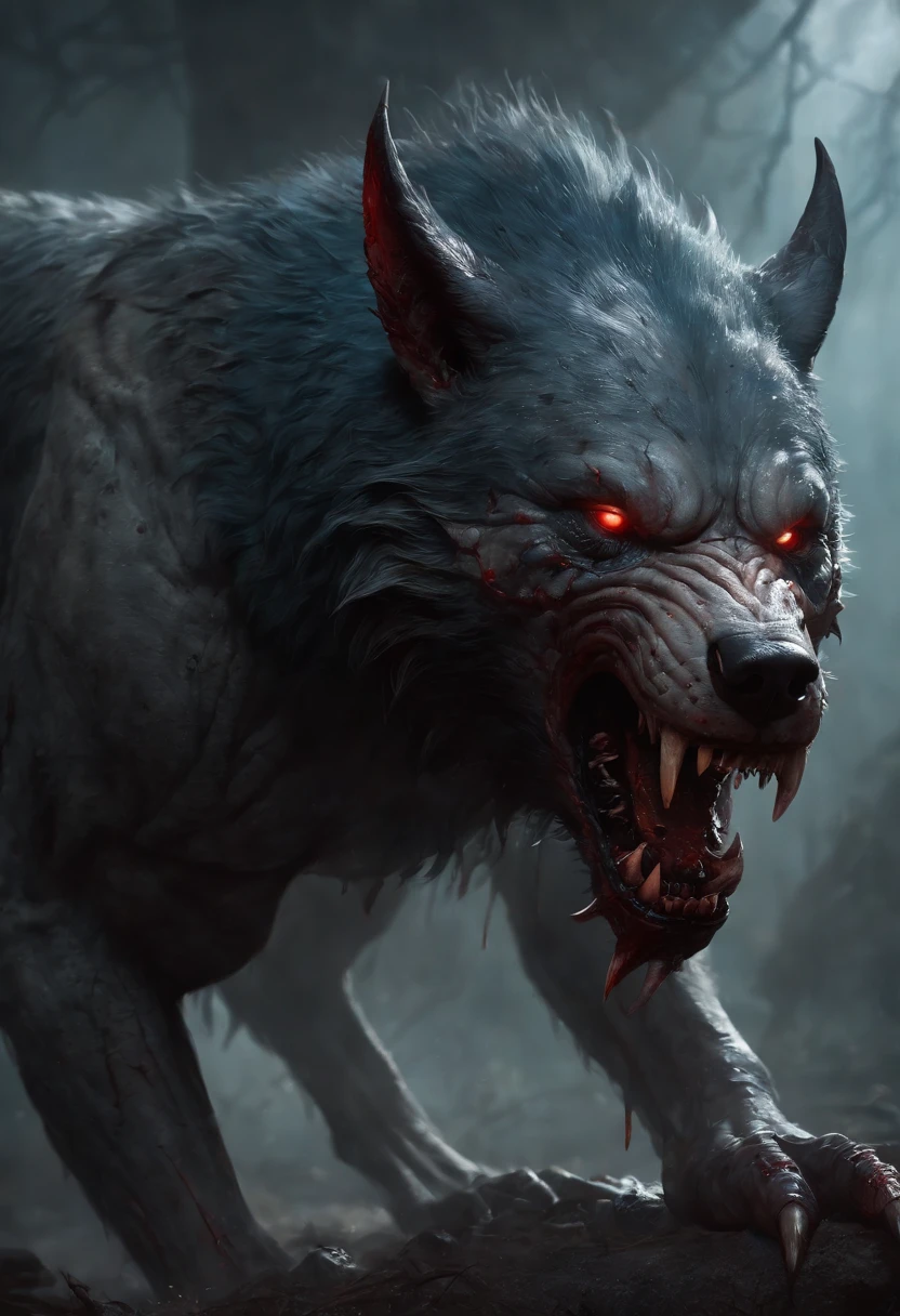 werewolf with bloody fangs, in a small medievil town, moon in the background <lora:werewolf_v1.0:1>