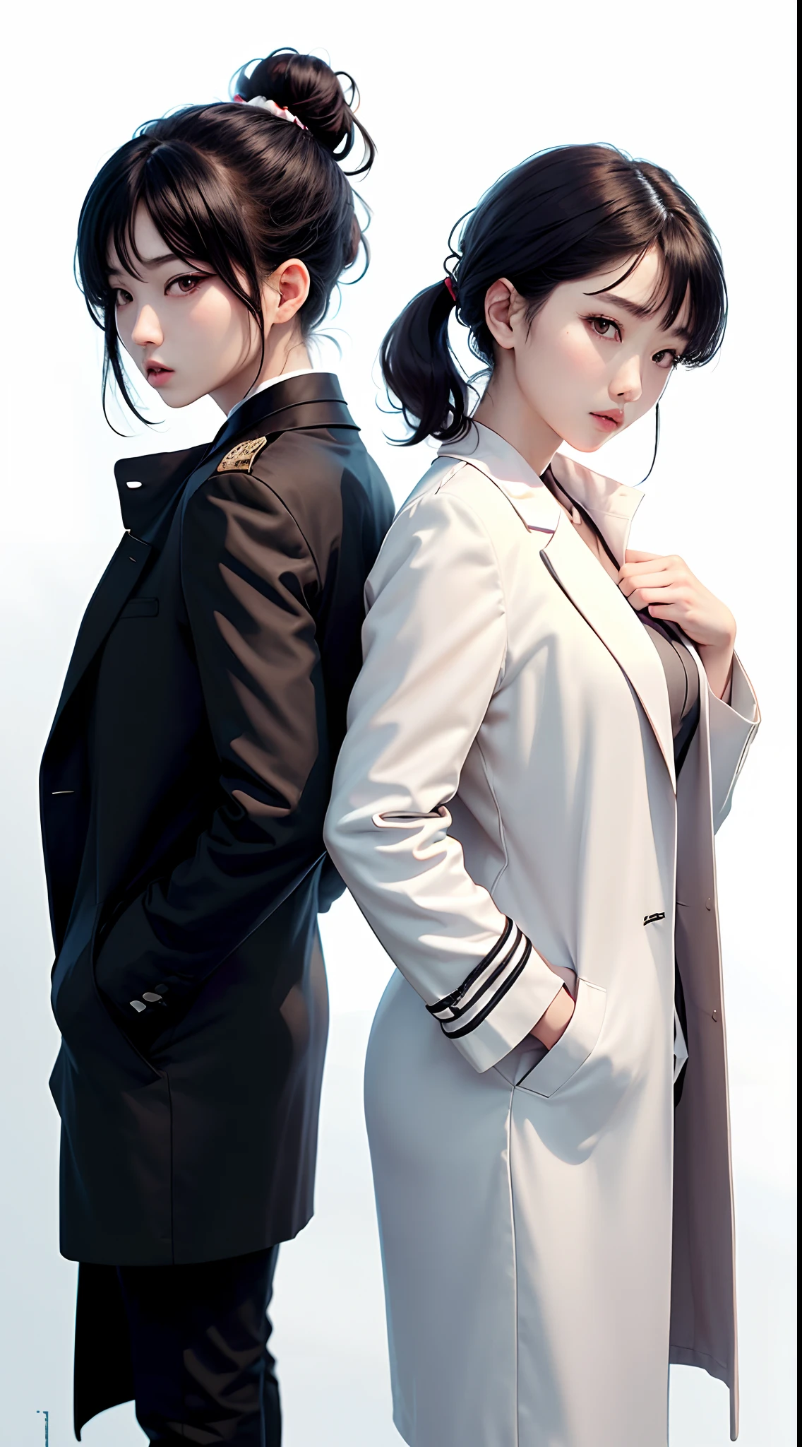 Korean girl with black hair tied into two buns, some of her hair loose. She has red eyes, white skin and wears a black overcoat.