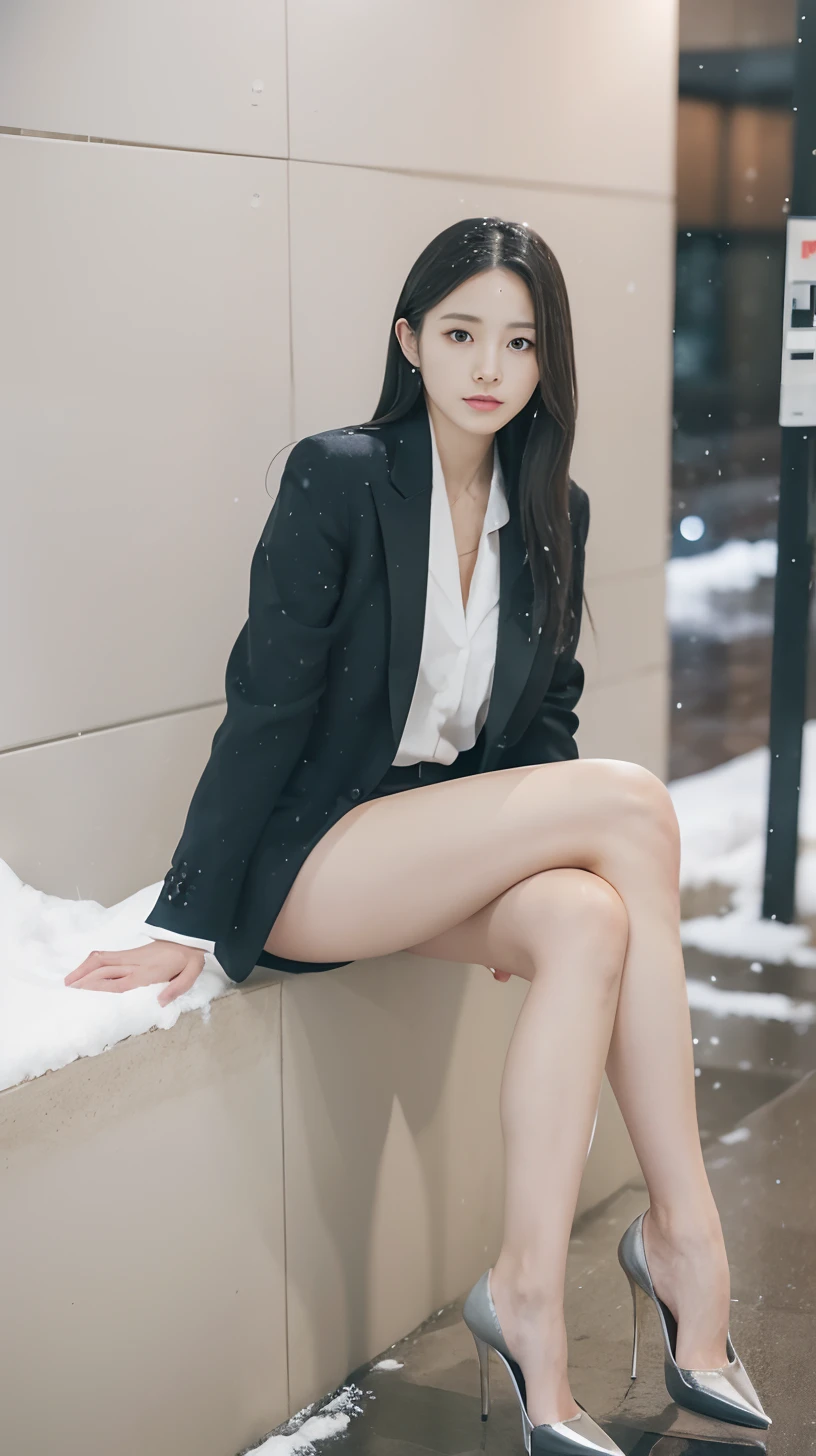 A Japanese Lady、beauitful face、二重まぶた、Big eyes、Long Black Hair、Black Suit、Micro shorts、beauty legs、Raw feet、pin heels、tall、model poses、cross one's legs、Black heels、Oyuki、snow cover、snow blowing、Snowy landscape at night、Visibility is poor due to snow、