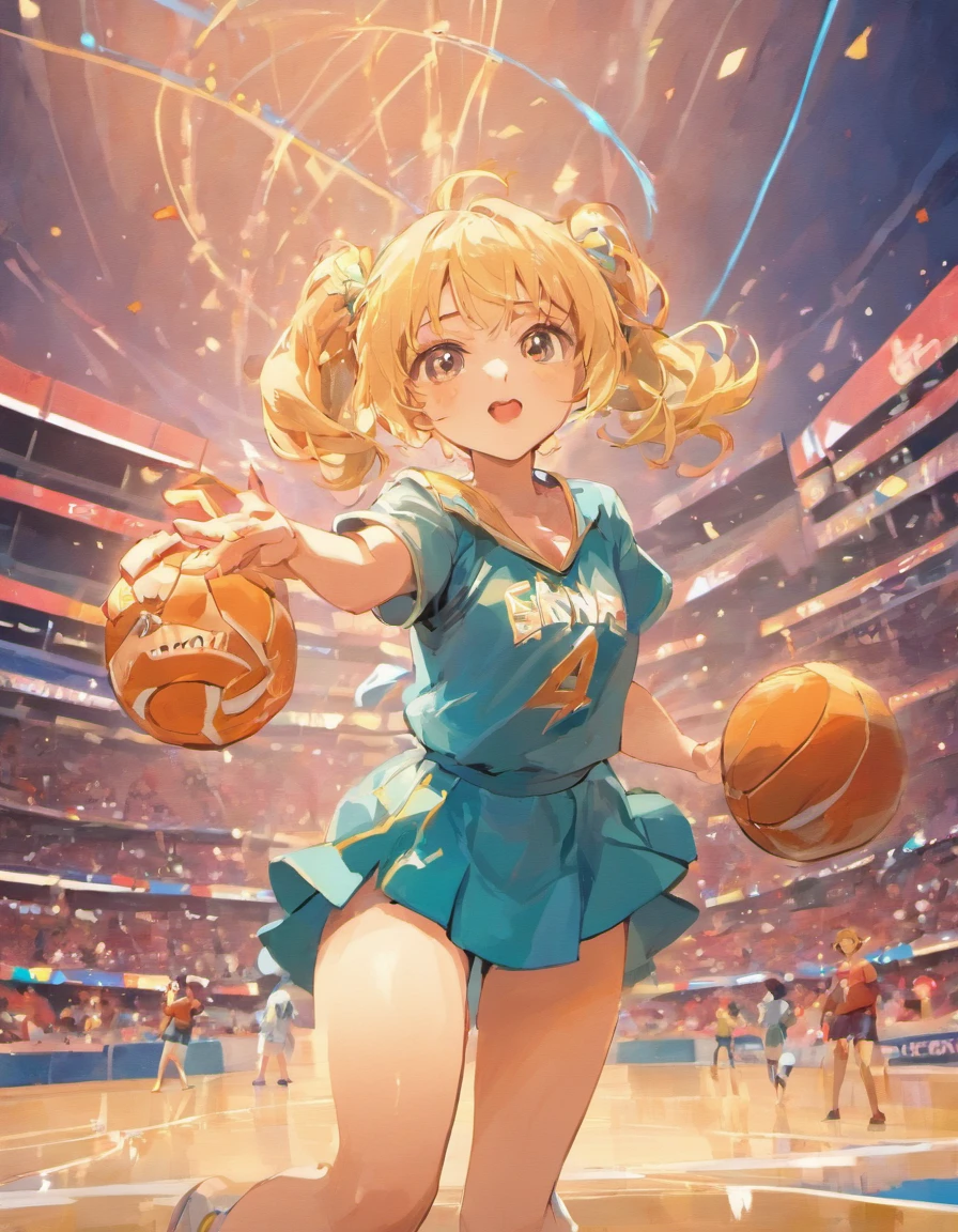 Midsummer Ballpark、Sunnyday、Fearless pitcher、Underthrow pitcher、Brown-haired blonde、Twin tails are tied lower than the ears、Wearing a blue baseball uniform、Throwing baseball、Stand on the mound in baseball、Anime style、Simple painting style、Vibrant colors