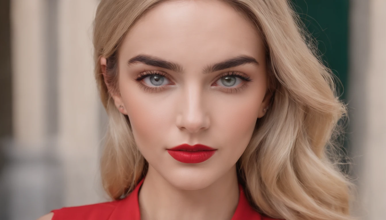 (Masterpiece, high resolucion, Realistis:1.4), (Southern Italian young woman:1.3), (Intense grey eyes that radiate brilliance:1.3), (Modern and stylish blonde:1.2), (Thick and neat black eyebrows:1.2), (Perfectly sculpted slender nose:1.2), (plump and seductive lips:1.2), (Immaculate sunburned complexion:1.3), (Relaxed and chic red outfit:1.2), (An eye-level angle that captures her essence:1.2), (Canon EOS R6 Mirrorless Camera:1.2), (Pairing with Canon RF 50mm f/1.2L USM lens:1.2), (Exquisitely captures her features:1.2), (Bring out the beauty of nature:1.2), (An event celebrating the charm of the Mediterranean:1.1).
