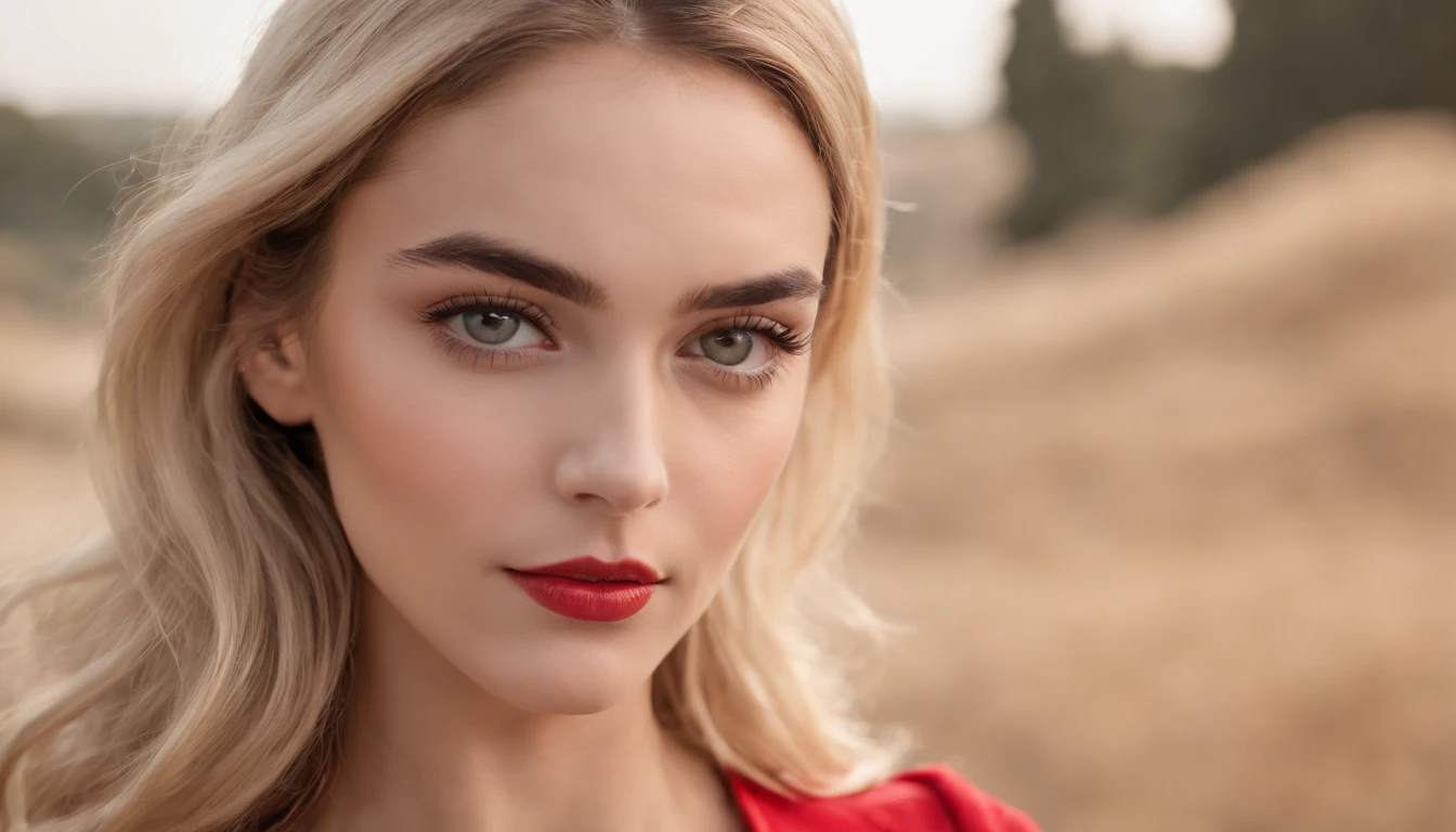 (Masterpiece, high resolucion, Realistis:1.4), (Southern Italian young woman:1.3), (Intense grey eyes that radiate brilliance:1.3), (Modern and stylish blonde:1.2), (Thick and neat black eyebrows:1.2), (Perfectly sculpted slender nose:1.2), (plump and seductive lips:1.2), (Immaculate sunburned complexion:1.3), (Relaxed and chic red outfit:1.2), (An eye-level angle that captures her essence:1.2), (Canon EOS R6 Mirrorless Camera:1.2), (Pairing with Canon RF 50mm f/1.2L USM lens:1.2), (Exquisitely captures her features:1.2), (Bring out the beauty of nature:1.2), (An event celebrating the charm of the Mediterranean:1.1).