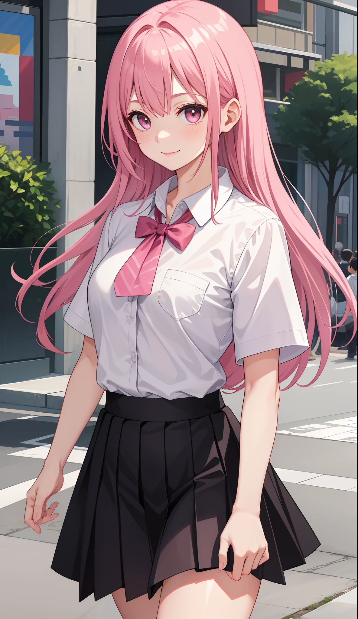 Anime girl with pink hair walking down the street in a school uniform ...