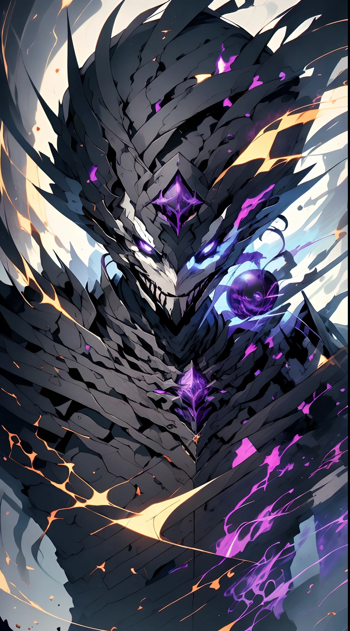 (absurdres, highres, ultra detailed, HDR), masterpiece, best quality, grim reaper male with scythe sitting on demon with a giant eye, in arrogant look, solo, reaper, male,huge scythe,glowing scythe, demon eyeball, giant eyeball, disgusting, black demon wing, demon horn, handsome, purple eye, glowing eye, black robe, earring and accessory, bare chest, arrogant face, full body, magic vortex, spark, swirl, black and purple aura, dark purple cloudy sky, abyss, abstract background, from side, look up, evil smile