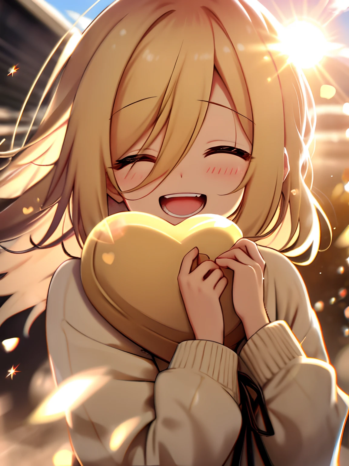 a blonde girl、cosy sweater on、The upper part of the body、(Huge laughter:1.1)、(Opening Mouth:1.1)、(widely opened eyes:1.2)、Sun glare、bokeh dof、depth of fields、blurry backround、Particles of light、heavy wind、(Heart particles:1.1)