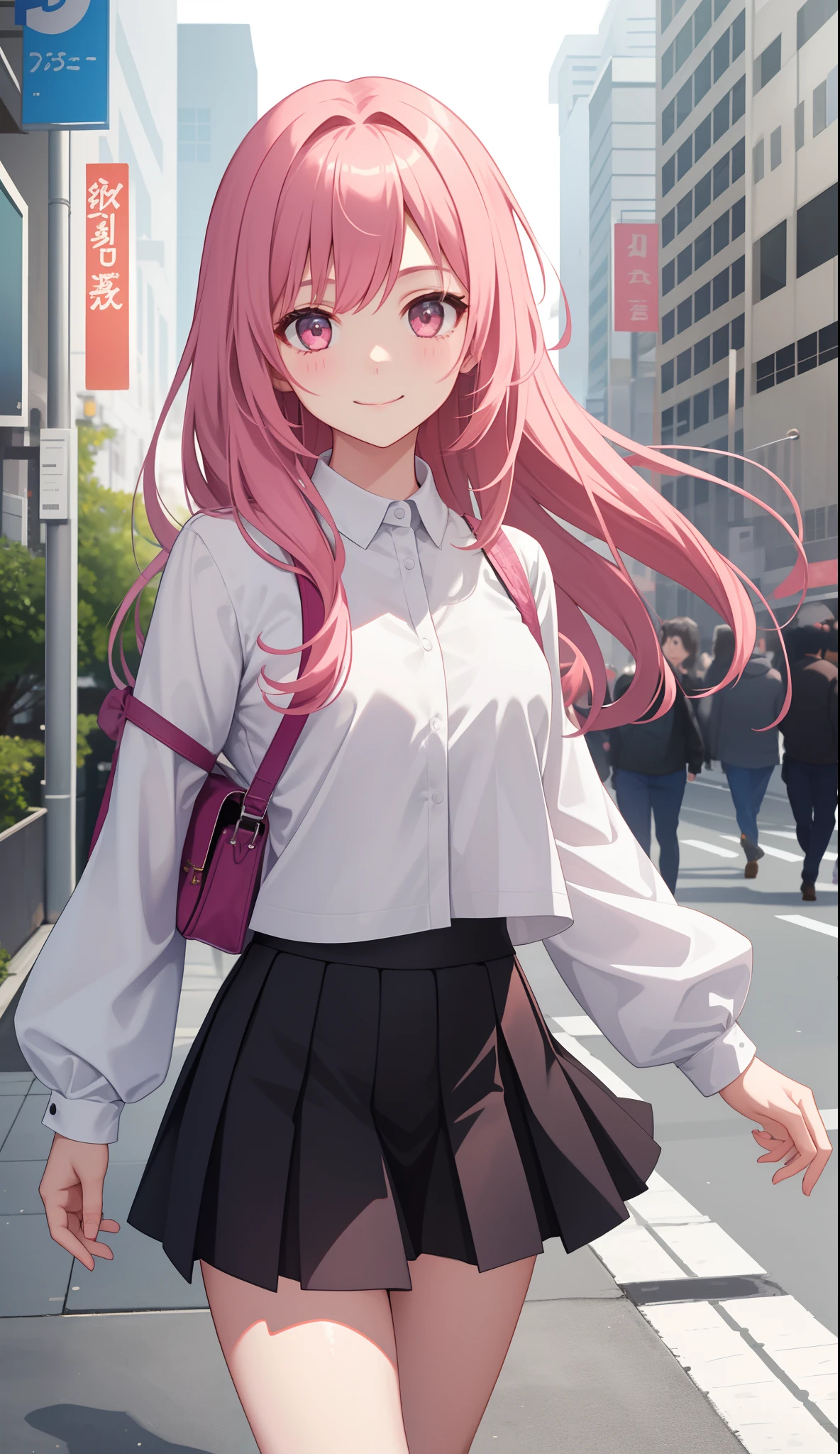 1girl in、AS-Adult、A smile、The shirt、skirt by the、(small tits)、Walking with a thigh、Upper body portrait、A pink-haired