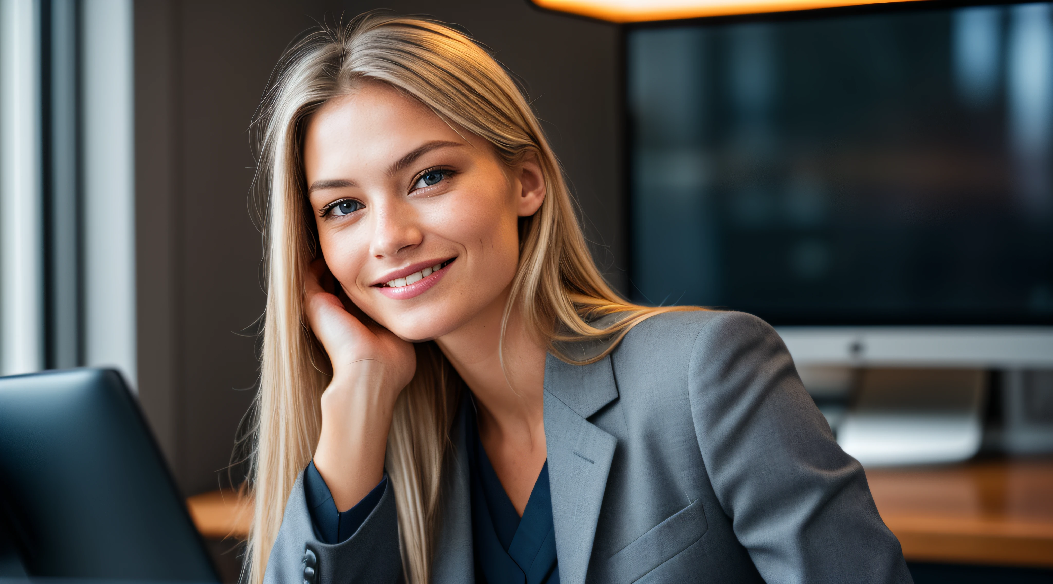 (Straight mid-body shot: 4.4), RAW UHD portrait photo [by ((Jeremy Lipking:0.3), (Dittmann Anna:0.3), (Arian Mark:0.3))], (dark blond hair), (grey eyes) fit girl, lean girl, happy smiling, business woman wearing a (dark blue lawyer suit), posing at (a computer desk), Details (Textures! , Hair! , Shine, Color!! , Drawbacks: 1.1), eyes with high detail (Looking at the camera), SLR lighting, SLR camera, Ultra quality, sharpness, Depth of field, Film grain (center), Fujifilm XT3, Crystal clear, Center of the frame, Beautiful face, sharp focus, Bokeh (Low light), Night, detailed skin pores, oily skin, burn, Complex eye details.