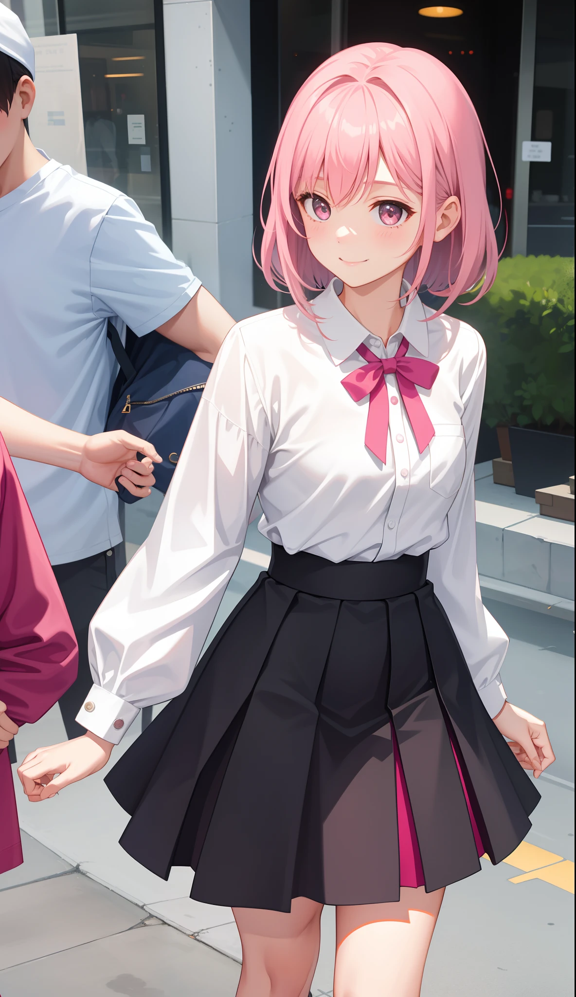 1girl in、AS-Adult、A smile、The shirt、skirt by the、（small tits）、Walking with a thigh、Upper body portrait、A pink-haired