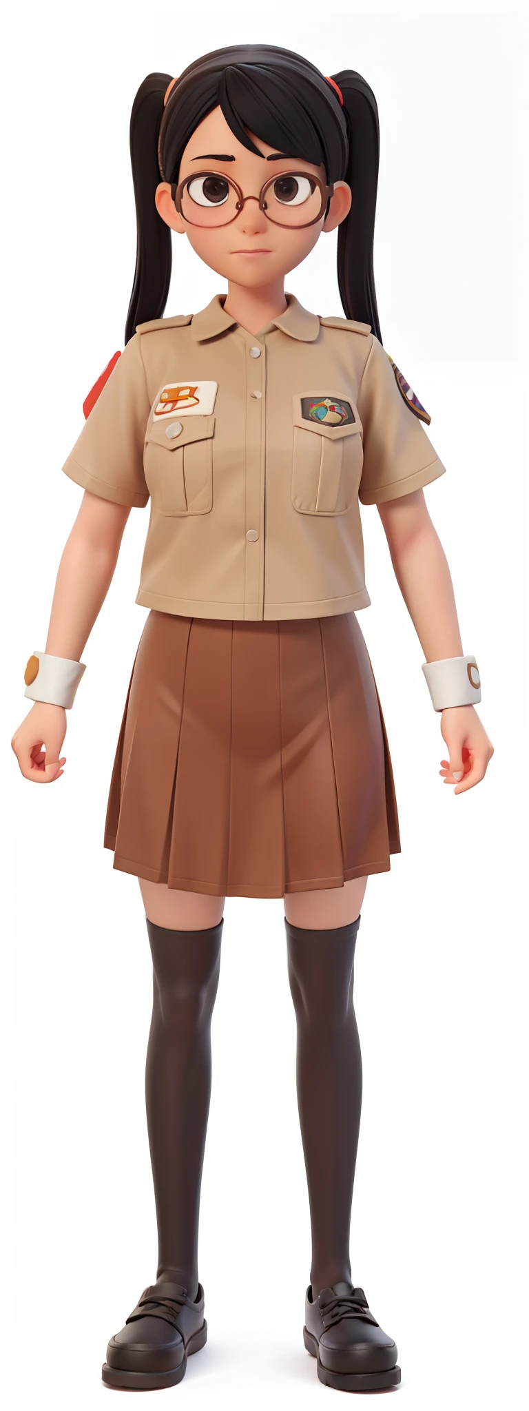 cartoon girl in glasses and a skirt with a brown skirt, girl wearing uniform, full body single character, single character full body, female anime character, full body character, magical school student uniform, nagatoro, full body with costume, anime full body illustration, adult character, anime character, character full body portrait, female lead character, full body illustration, glasses, symmetrical image, black hair, black eyes, female scout, female scout clothes, 3d cartoon, 3d rendering style, octane render,